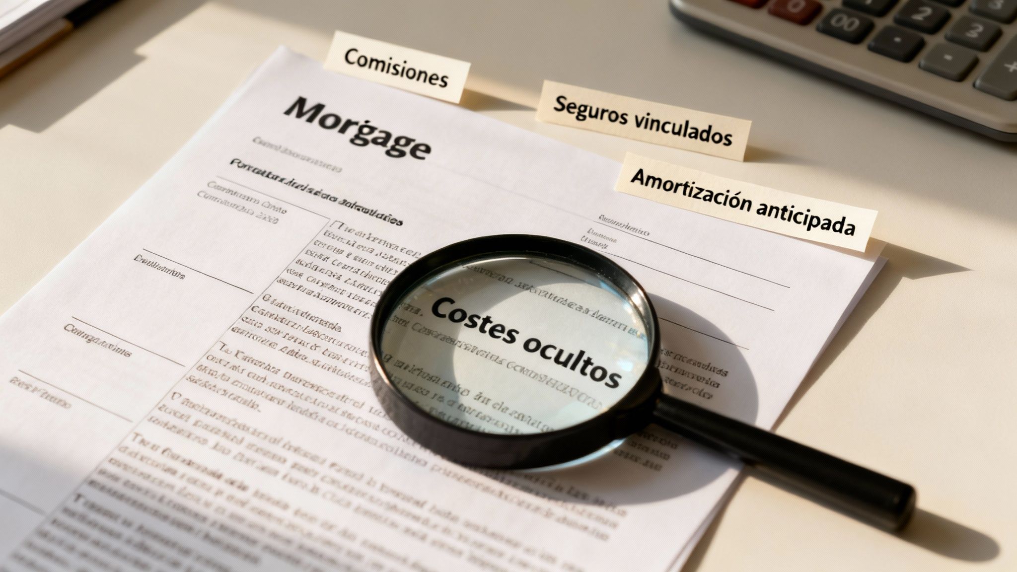 Lupa sobre un contrato de hipoteca que resalta 'Costes ocultos', 'Comisiones' y 'Seguros vinculados'.