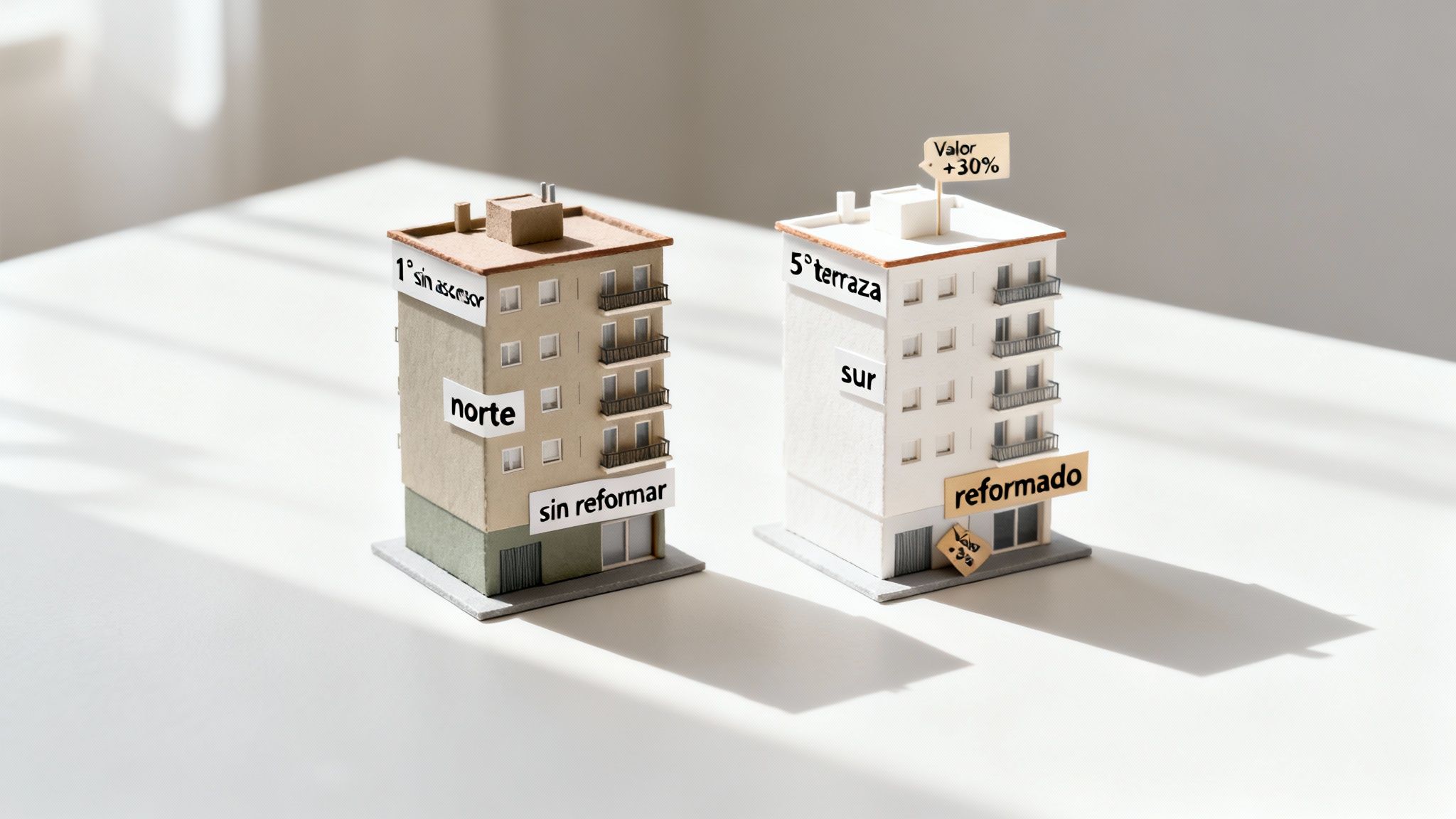 Dos maquetas de edificios comparan características de inmuebles, mostrando cómo influyen en su valor.