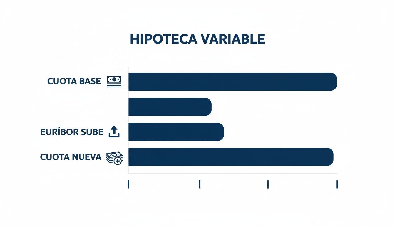 Gráfico de barras que ilustra cómo la cuota de una hipoteca variable aumenta si el Euríbor sube, mostrando la cuota base y la nueva cuota.