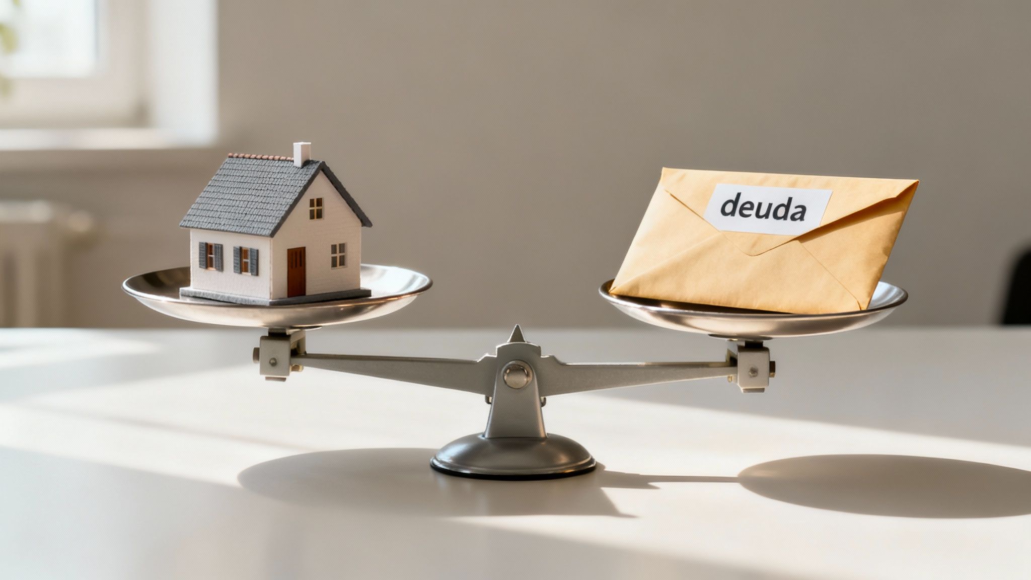Balanza con una casa miniatura en un lado y un sobre con la palabra 'deuda' en el otro, mostrando que la deuda es más pesada.