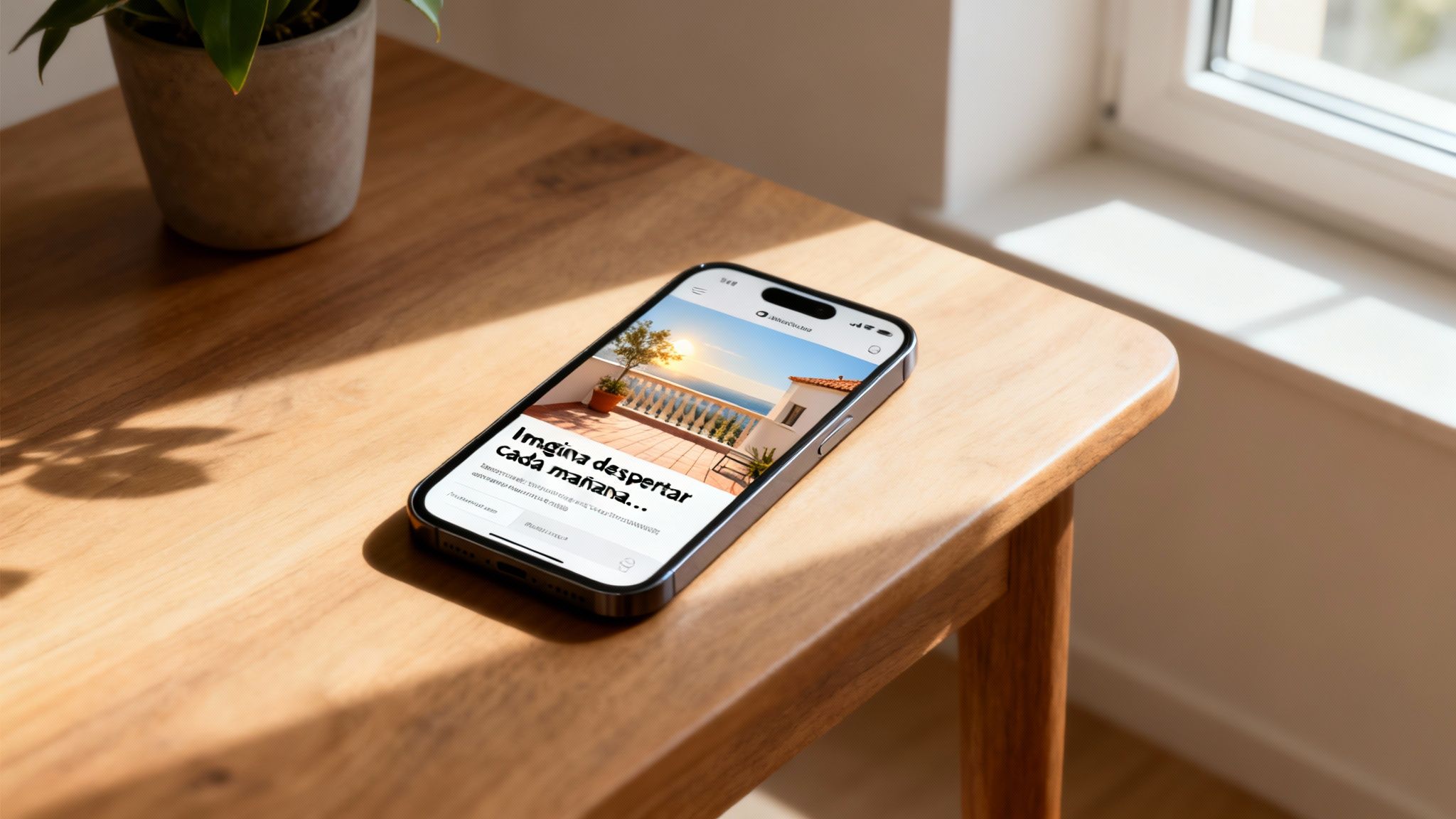Teléfono móvil en una mesa de madera mostrando un anuncio de un balcón con vistas al mar al atardecer, junto a una planta.
