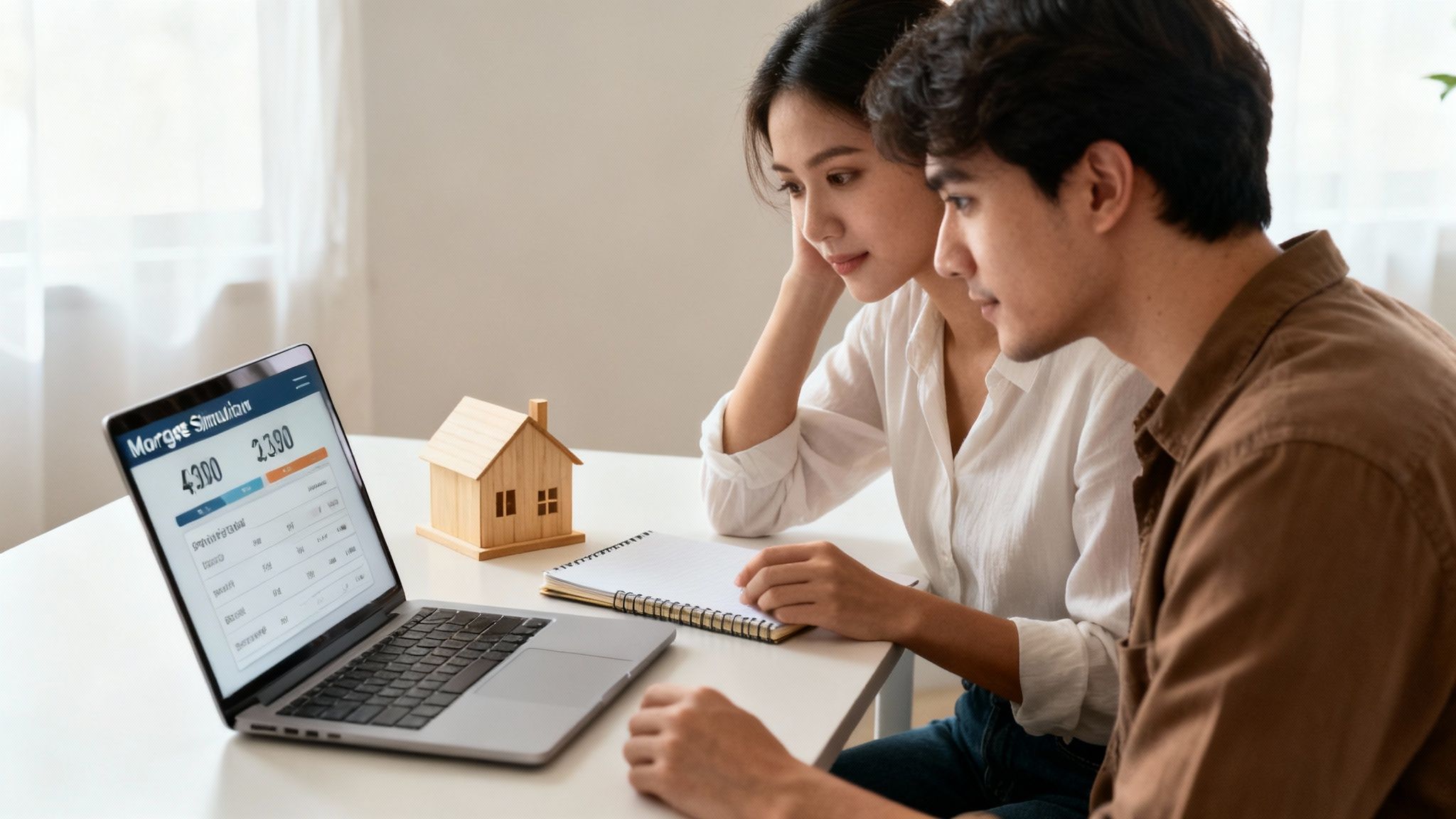 Pareja asiática revisa un simulador de hipotecas en una laptop, planificando la compra de una casa.