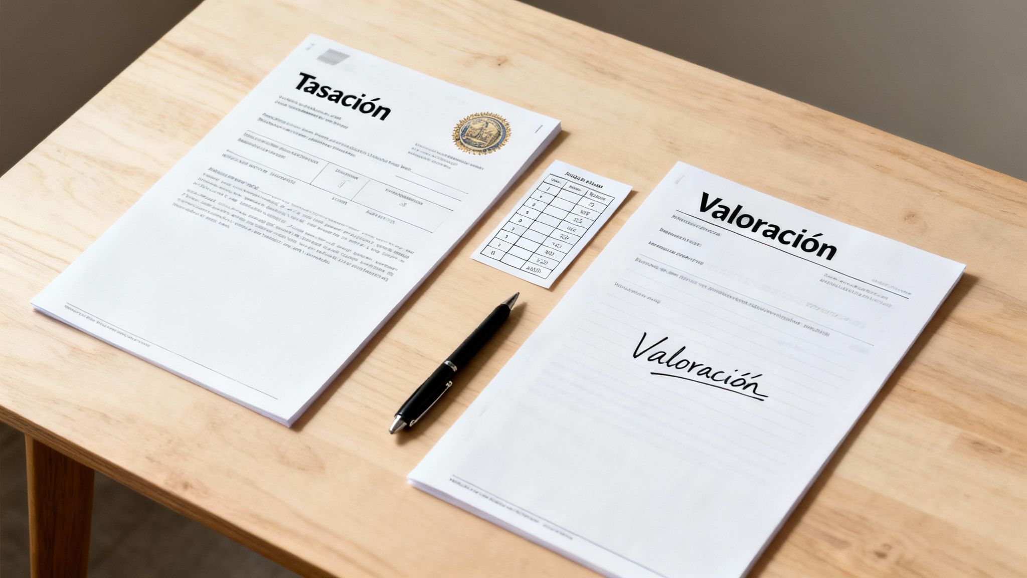 Documentos de tasación y valoración sobre una mesa de madera, acompañados de una pluma y una tabla de datos.