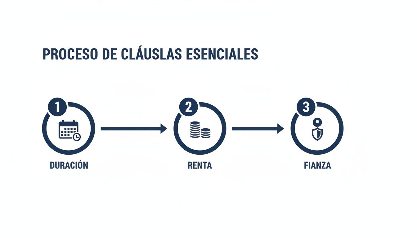 Proceso de tres pasos para cláusulas esenciales: duración, renta y fianza, con iconos representativos.