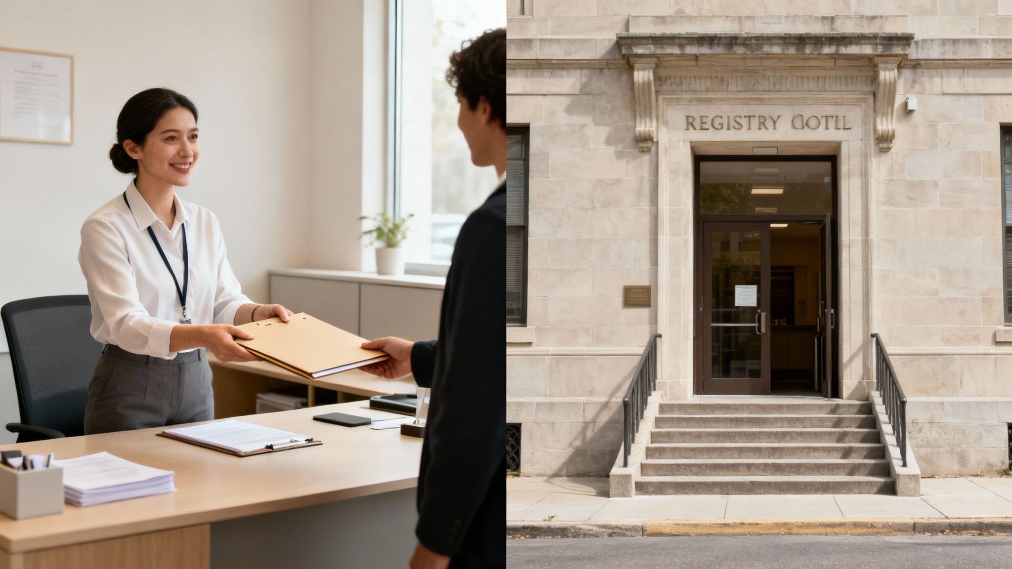 Una mujer en oficina entrega documentos a un hombre, junto a la entrada de un edificio de registro.