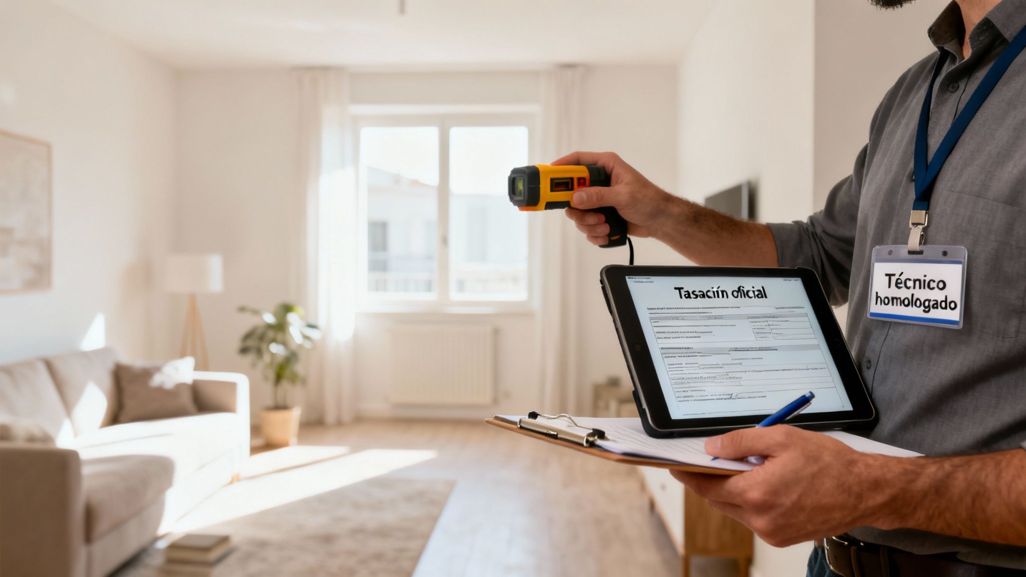 Técnico homologado tasando una vivienda con dispositivo de medición y tablet para la tasación oficial.