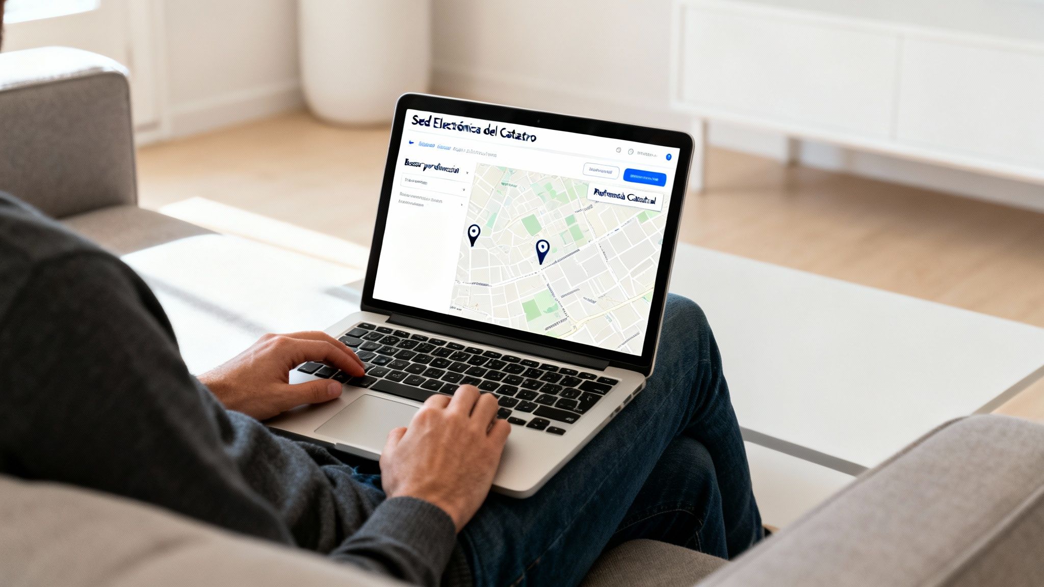 Persona en un sofá usando un portátil, consultando la Sede Electrónica del Catastro con un mapa.