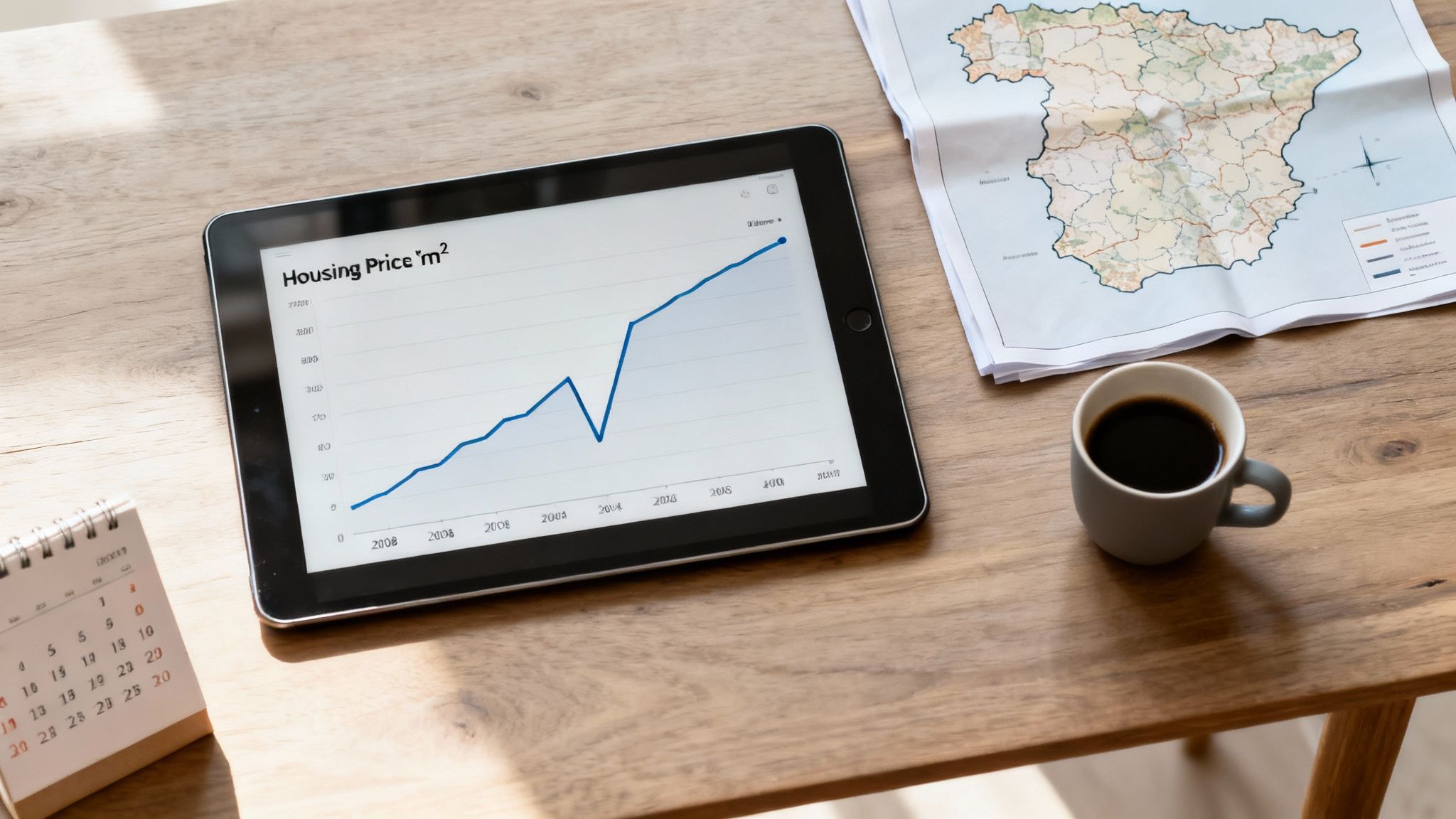 Vista aérea de un escritorio con una tableta mostrando gráficos de precios de vivienda en España, un mapa y café.
