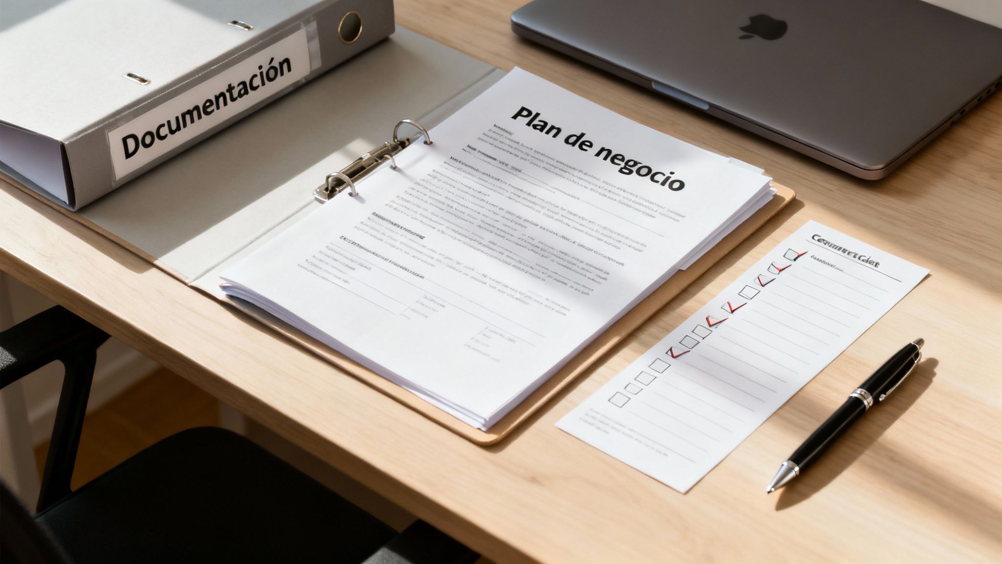 Un escritorio de madera con un archivador de documentación, un plan de negocio abierto, un portátil y una lista de verificación.