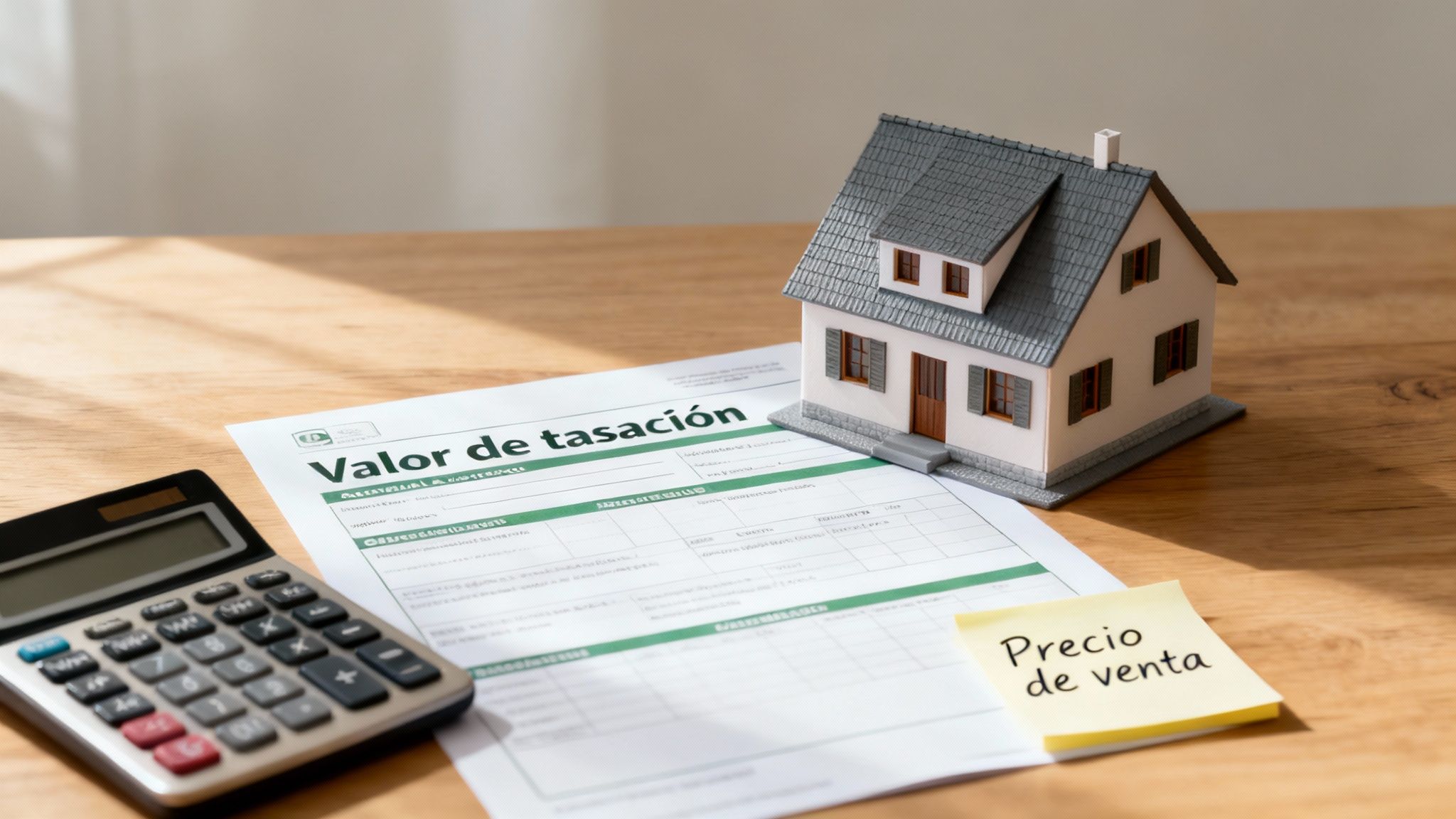 Representación visual de la tasación de una vivienda con modelo de casa, calculadora y documentos de valoración.