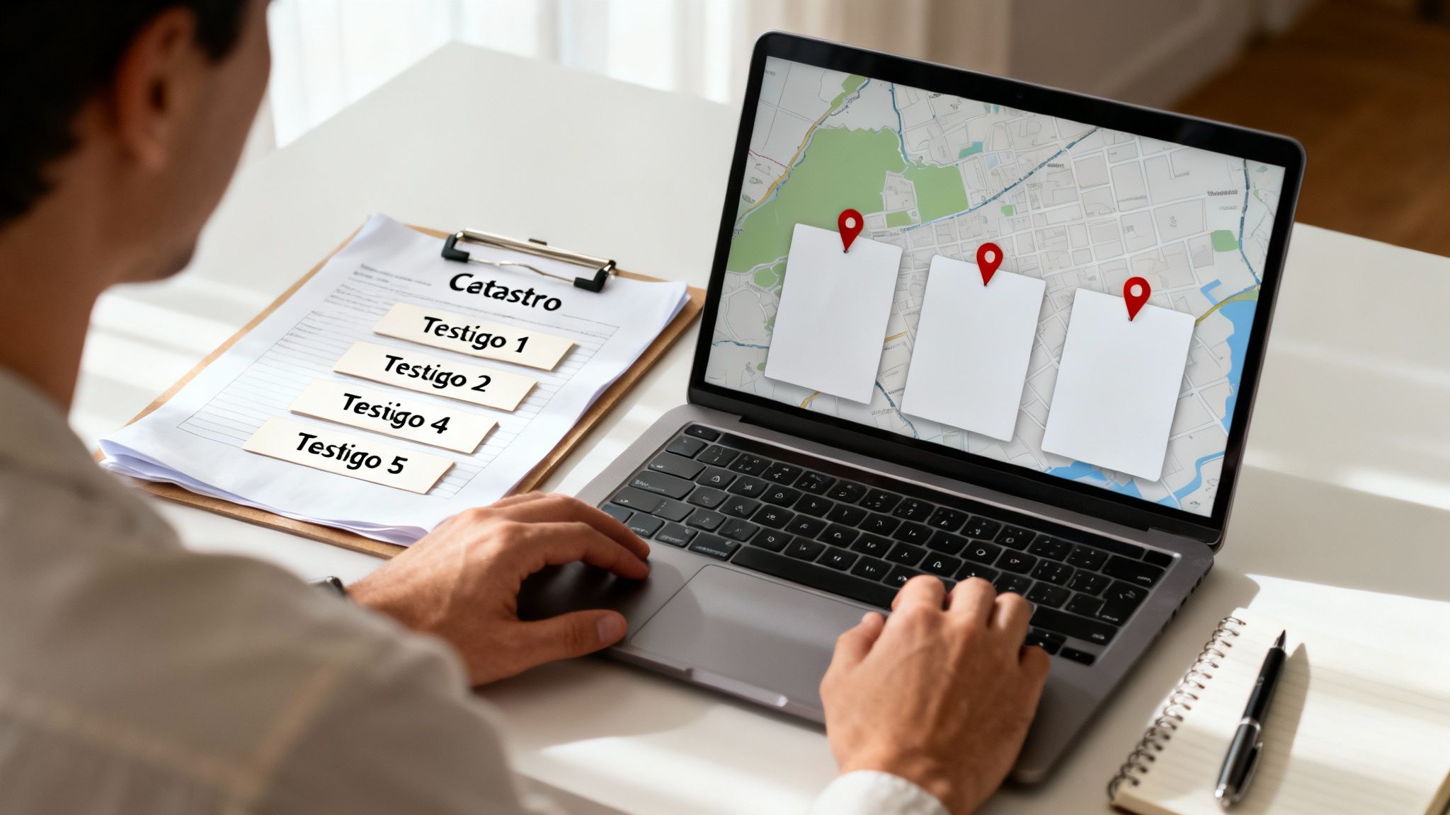 Hombre consultando documentos de catastro y testigos mientras trabaja en un portátil con un mapa y marcadores de ubicación.