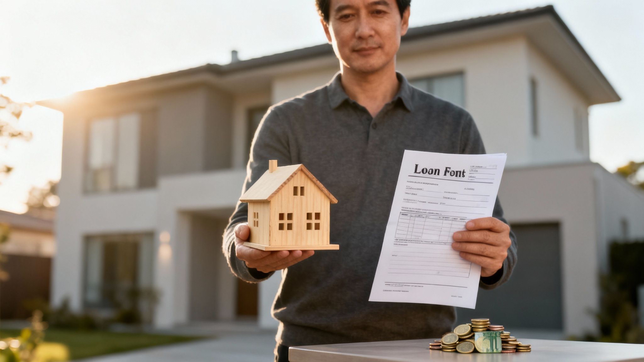 Hombre sostiene modelo de casa y documento de préstamo frente a una vivienda moderna, con dinero en la mesa.