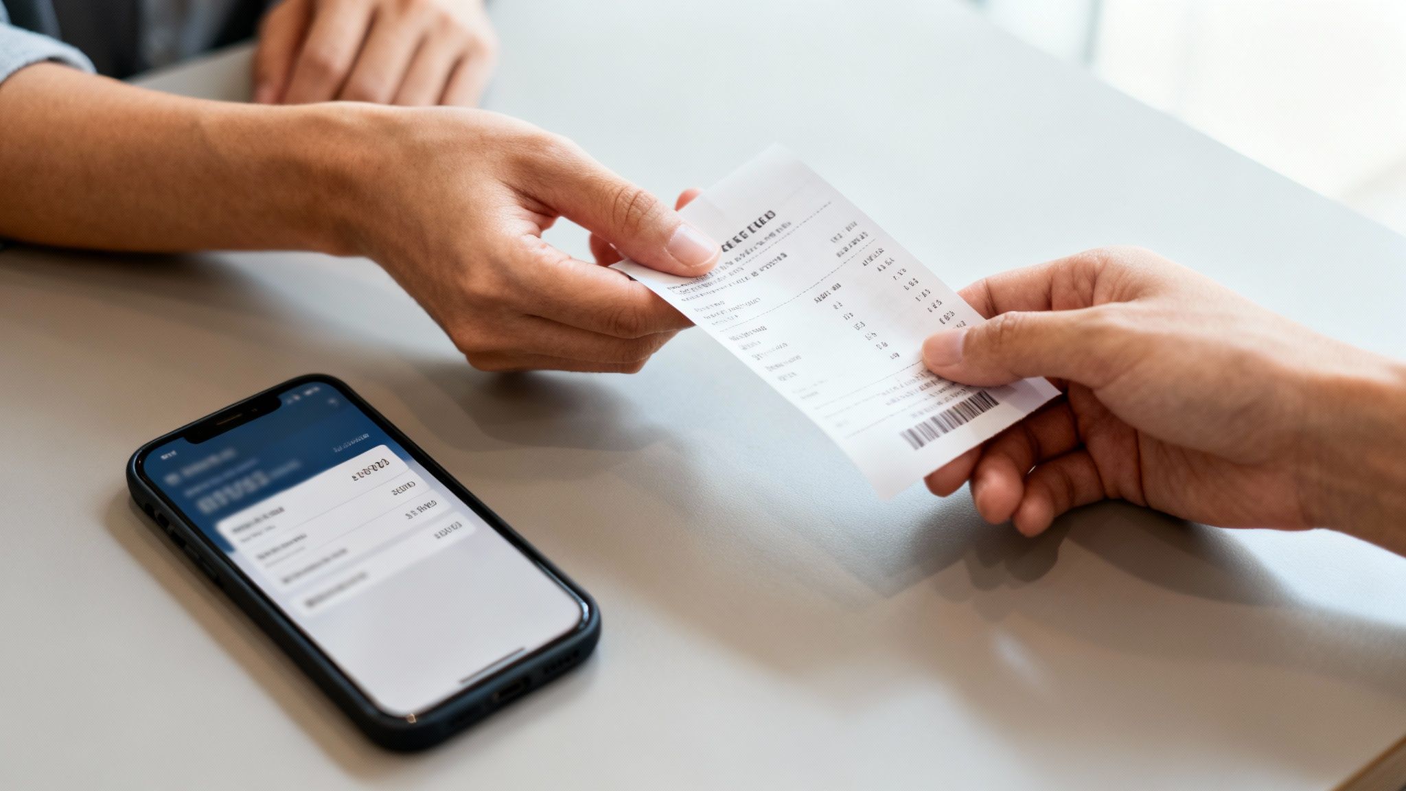 Dos manos intercambian un recibo de compra con un smartphone en una mesa blanca.