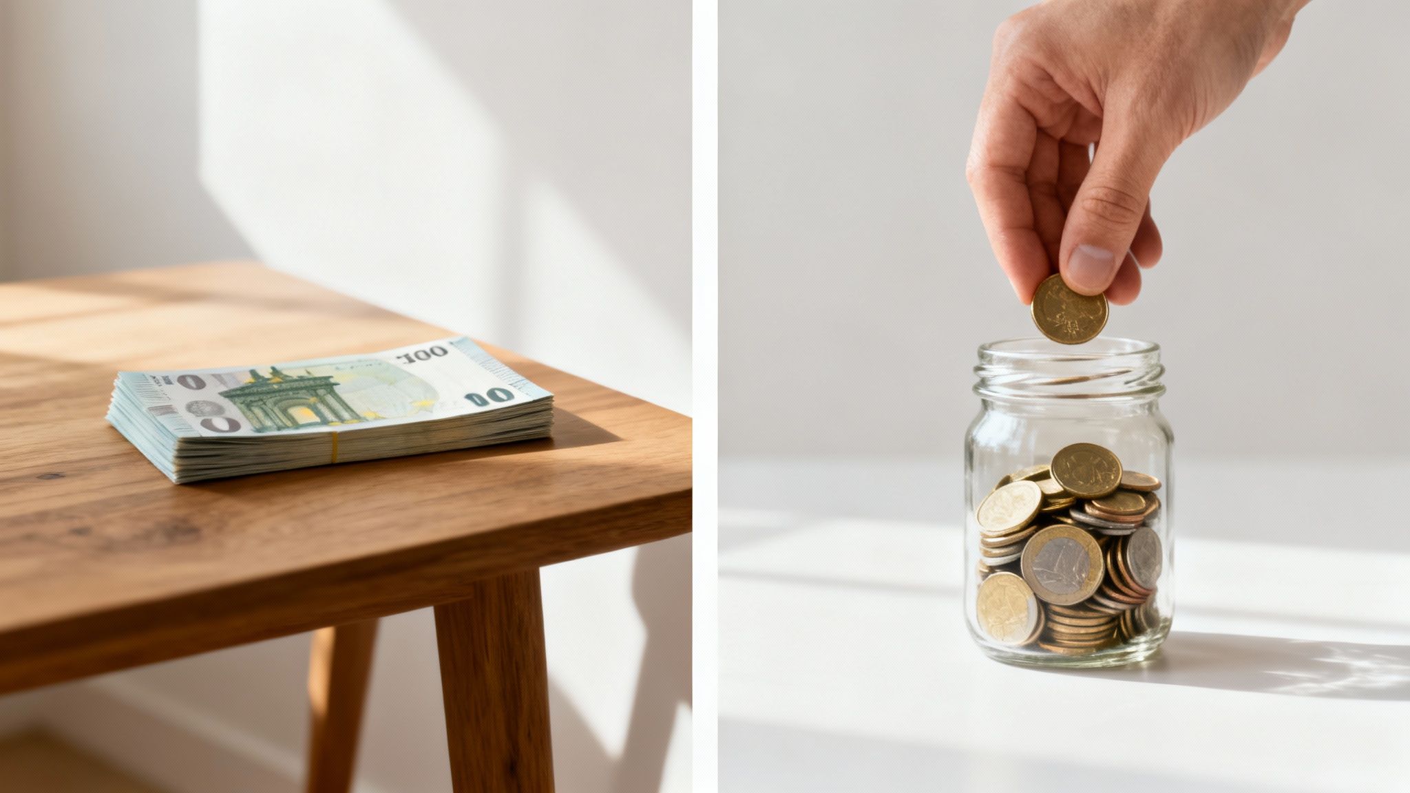 Billetes de cien euros en una mesa de madera y una mano depositando una moneda en un bote de ahorro.