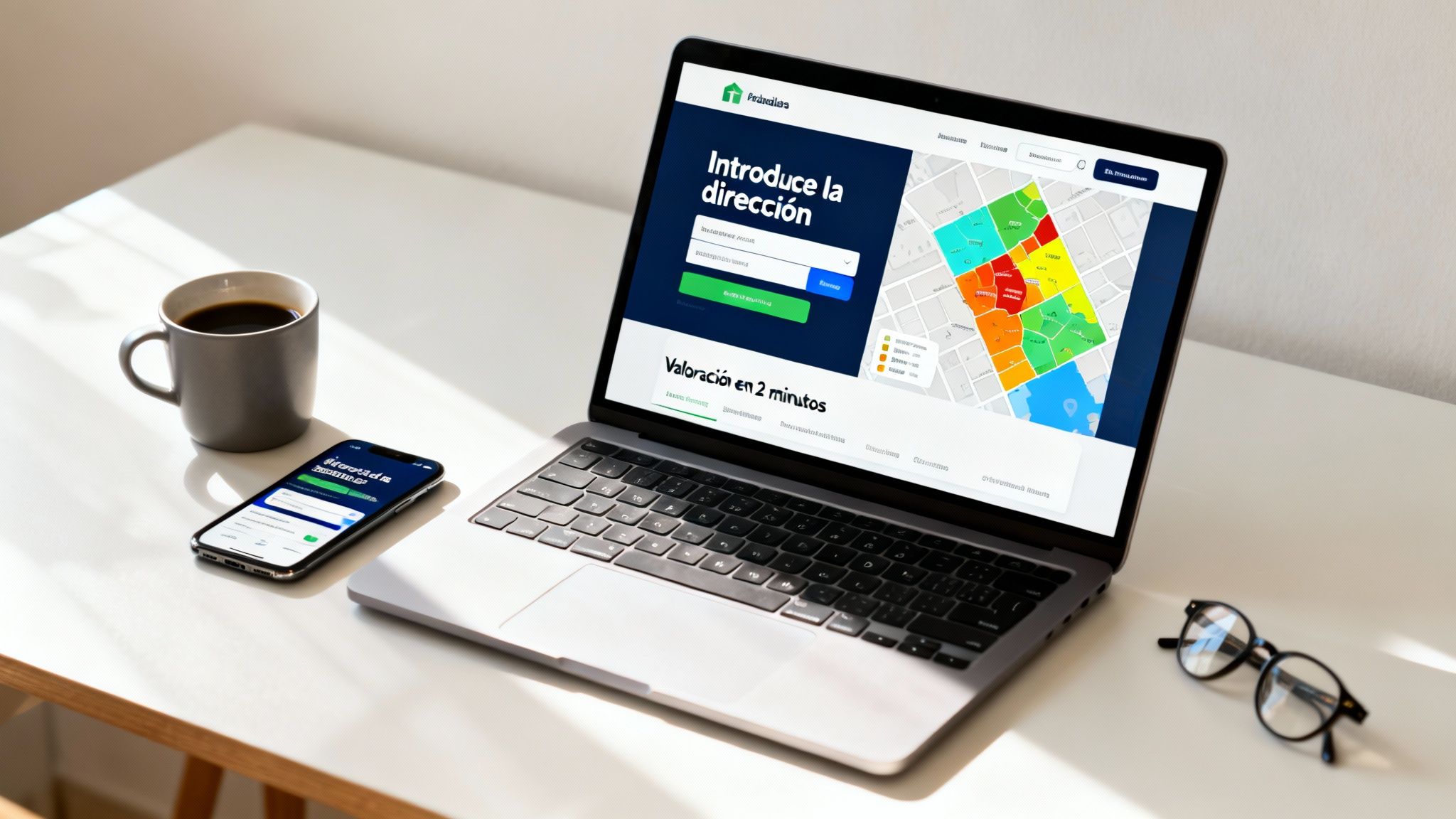 Portátil en un escritorio blanco mostrando una web de valoración de propiedades con un mapa, junto a un café y un móvil.