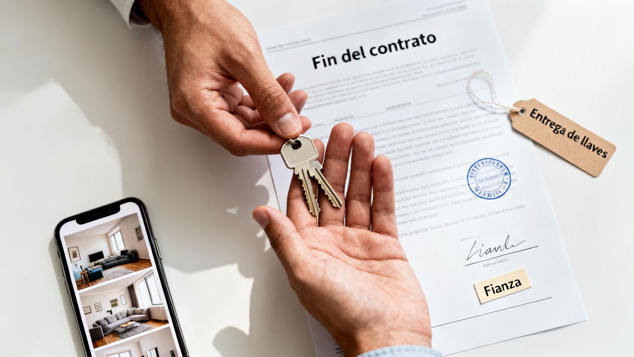 Manos intercambiando llaves sobre un contrato de fin de alquiler con fianza y entrega de llaves.