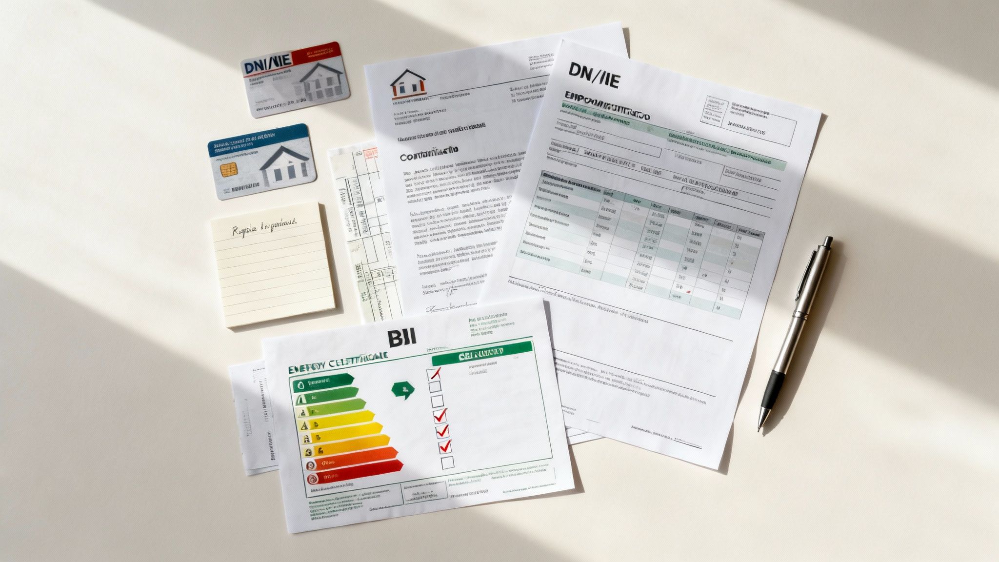 Documentos de compra de vivienda, incluyendo contratos, certificados energéticos y tarjetas de identificación sobre una mesa.