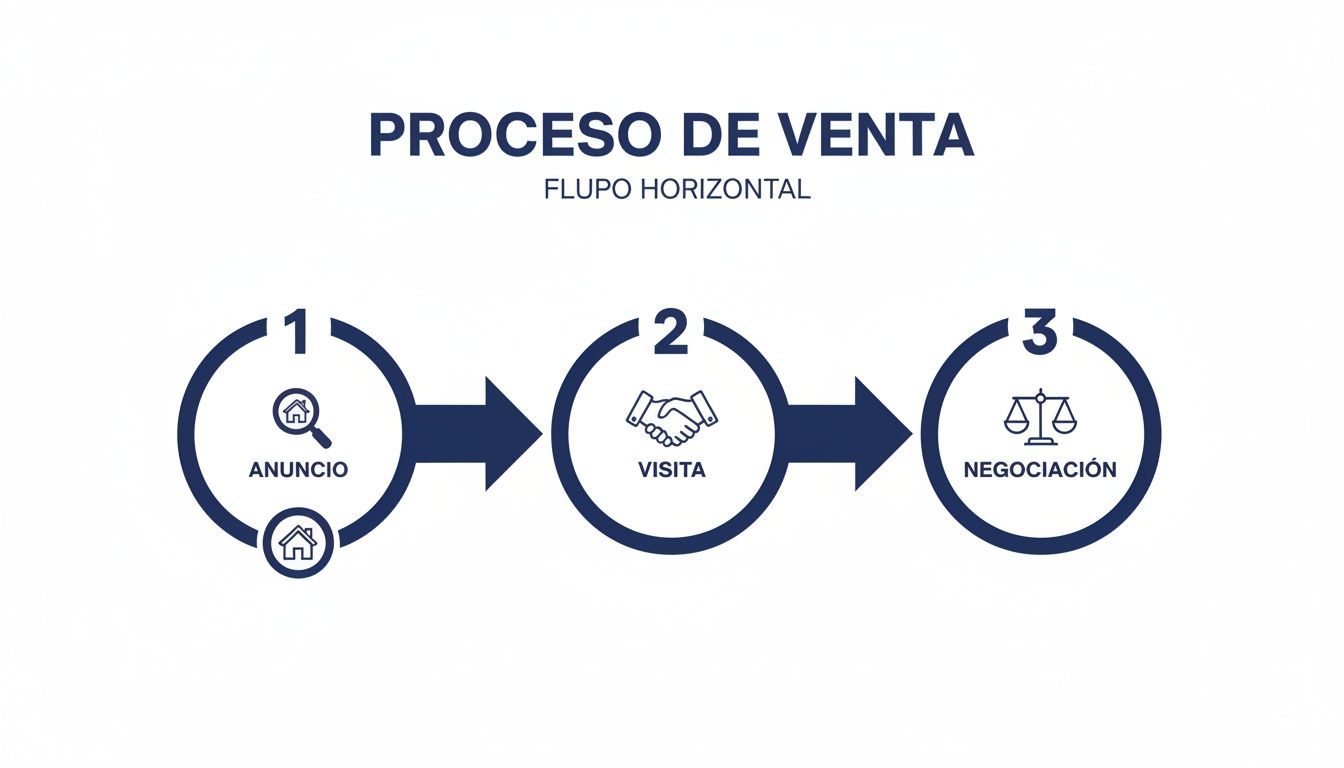 Diagrama de flujo horizontal del proceso de venta, mostrando el anuncio, la visita y la negociación.