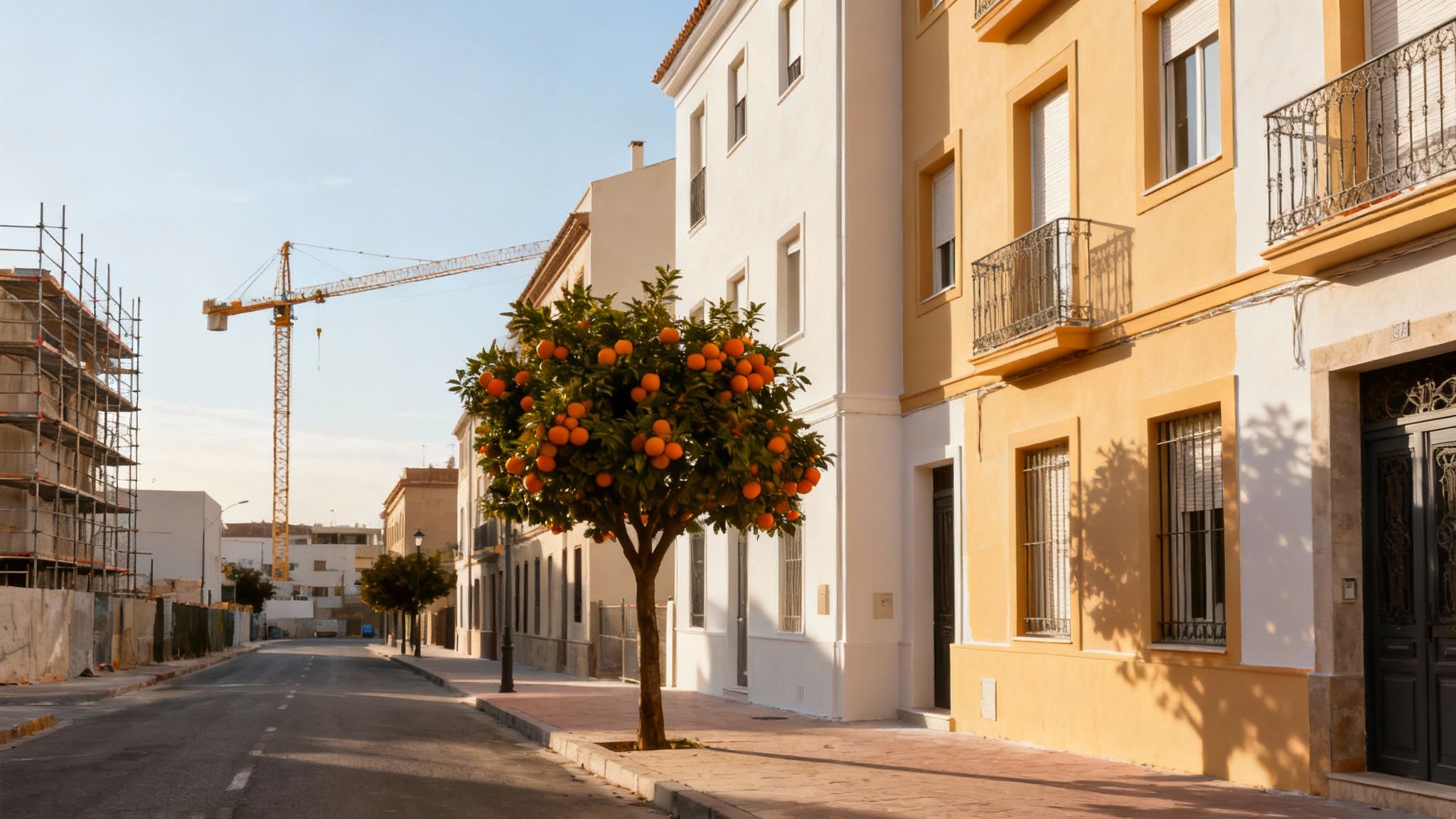 Calle soleada con un naranjo cargado de frutas, edificios residenciales y una grúa de construcción.