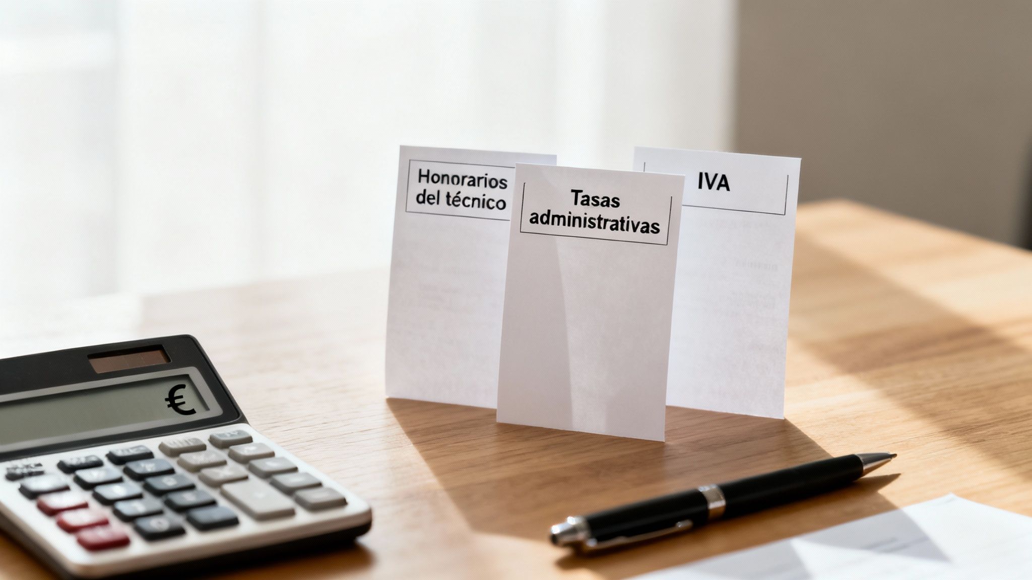 Calculadora con símbolo de euro, bolígrafo y tres tarjetas que muestran honorarios, tasas administrativas e IVA en una mesa de madera.