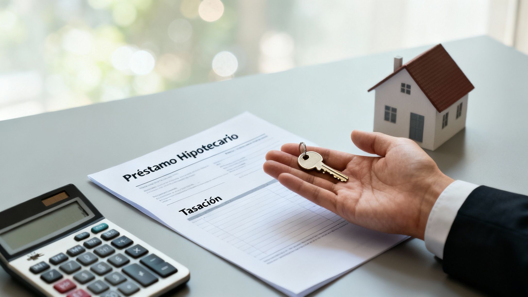 Mano sosteniendo una llave junto a un documento de préstamo hipotecario, una calculadora y una casa en miniatura.