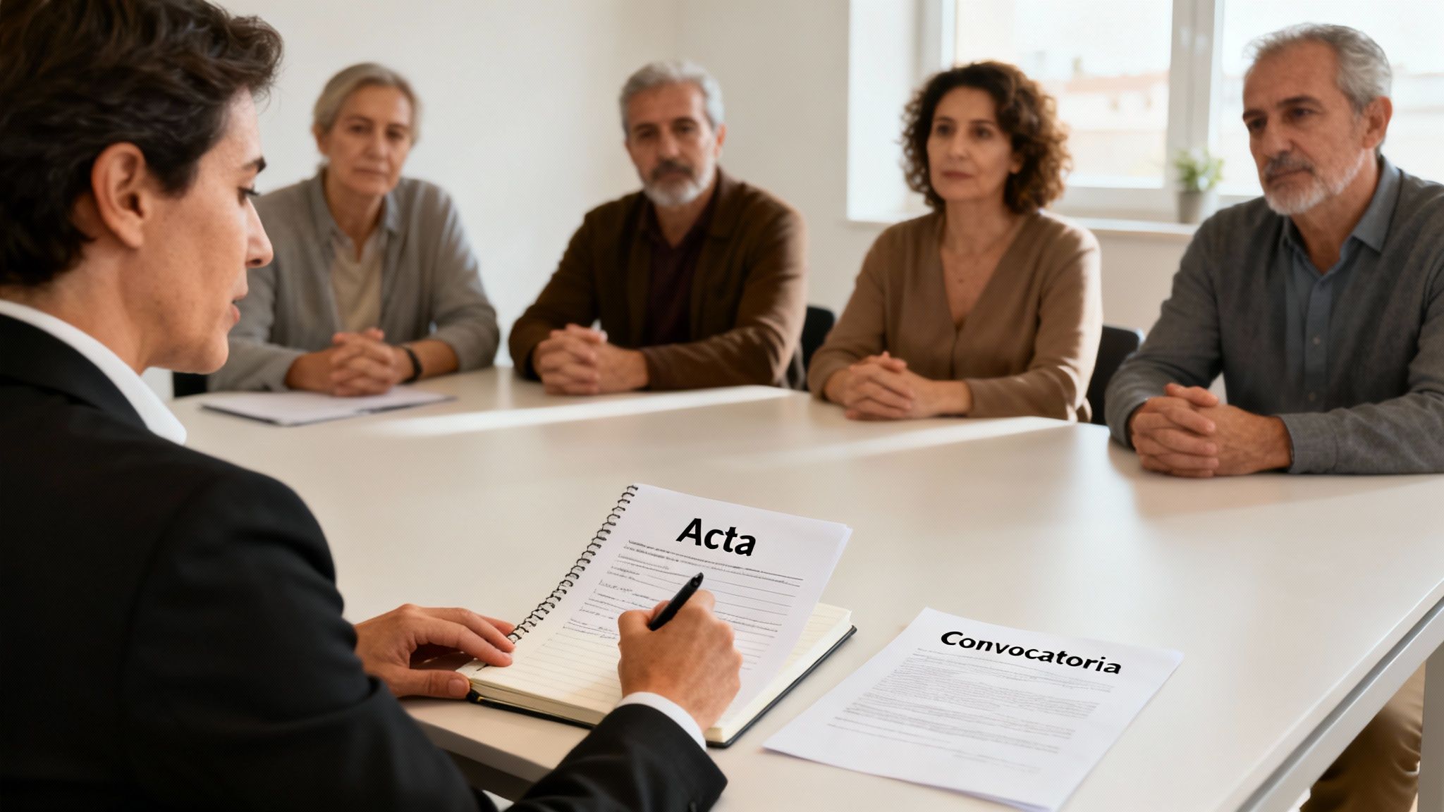 Una persona escribe "Acta" en un cuaderno, mientras cuatro adultos mayores la escuchan atentamente en una mesa de reuniones.