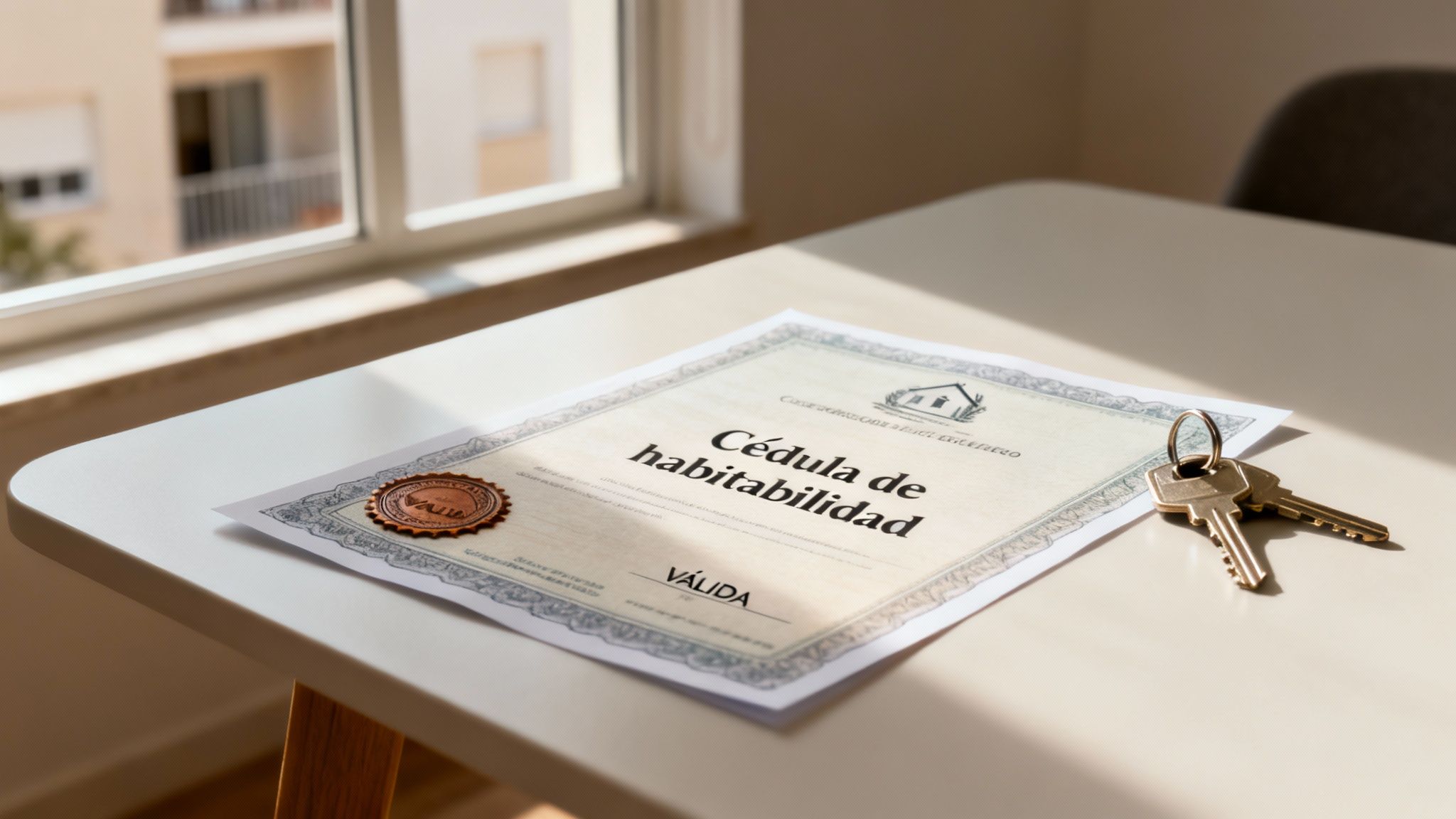 Documento de cédula de habitabilidad y un juego de llaves sobre una mesa blanca, junto a una ventana.