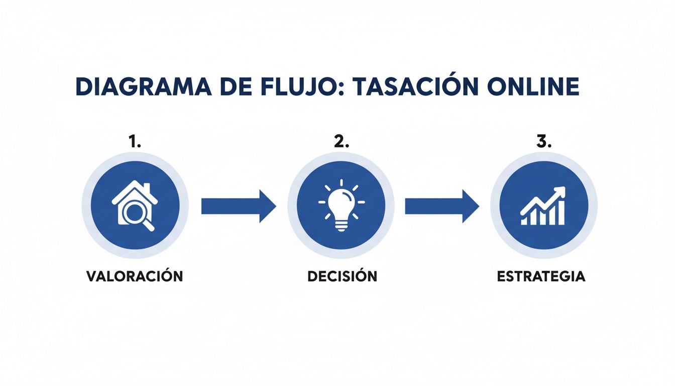 Diagrama de flujo que ilustra el proceso de tasación online en tres pasos: valoración, decisión y estrategia.