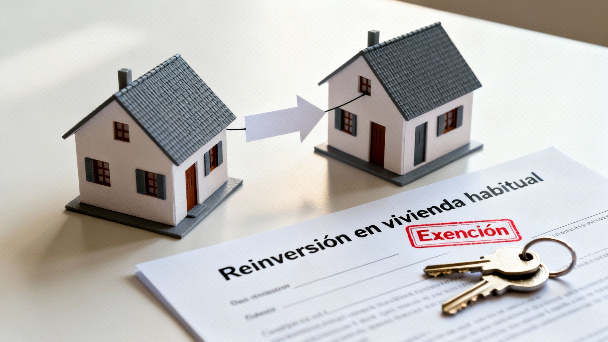Dos casas en miniatura, una flecha y un documento sobre la reinversión en vivienda habitual con exención fiscal y llaves.