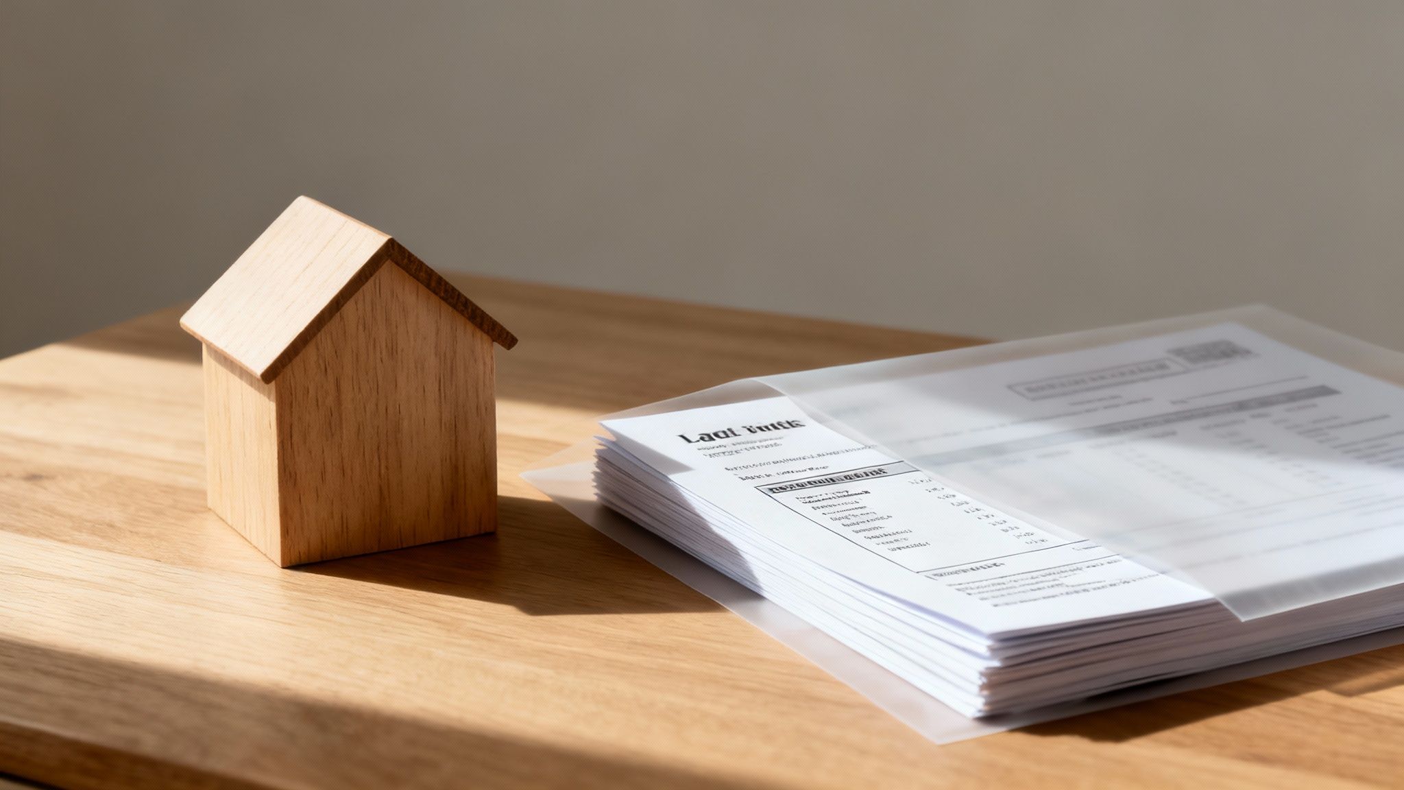 Una pequeña casa de madera y documentos apilados en una mesa de madera, con luz solar.