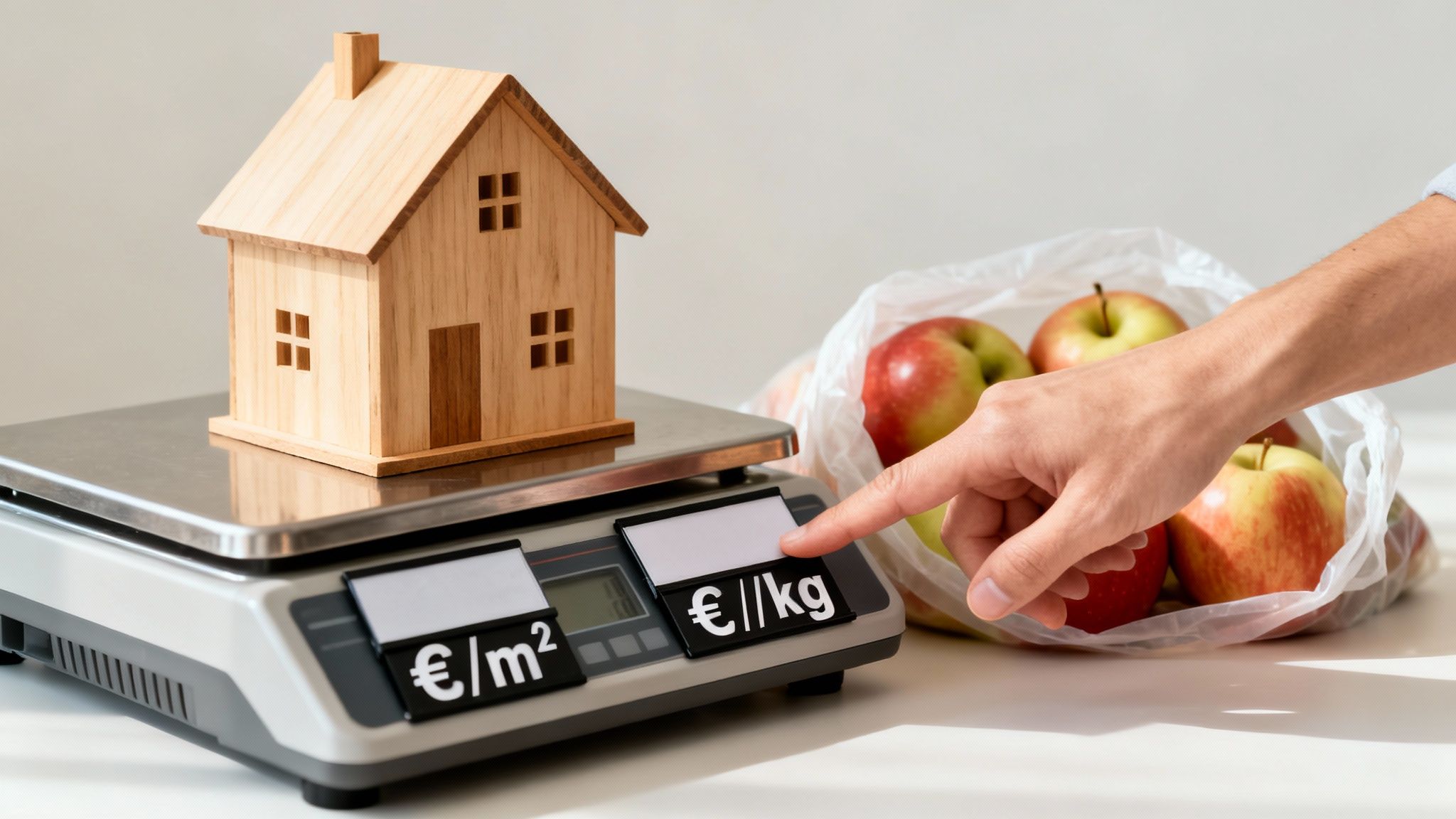 Casita de madera en báscula con etiquetas de precio por metro cuadrado y por kilo, y una mano señalando.