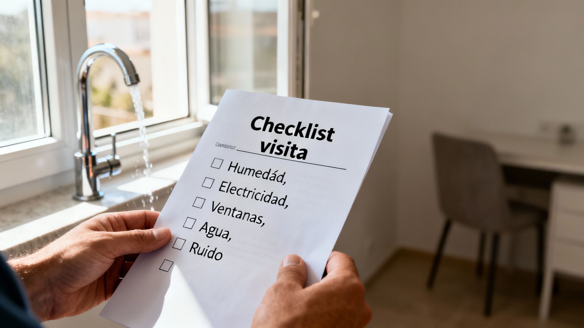 Persona revisando una lista de verificación de una propiedad, comprobando elementos como agua, humedad y electricidad.