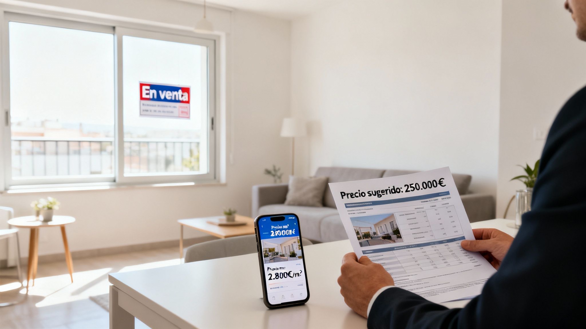 Hombre analiza el precio de una vivienda con documentos y móvil, mostrando letrero 'En venta'.