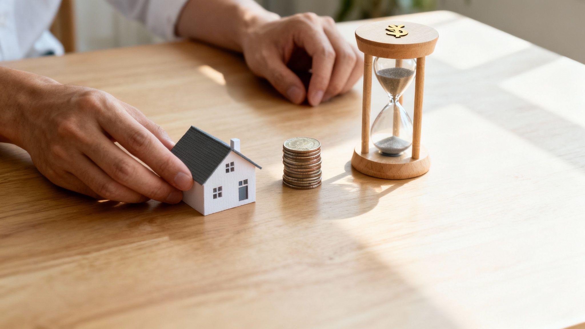 Manos humanas, una casa en miniatura, monedas apiladas y un reloj de arena sobre una mesa de madera, representando ahorro y tiempo para la vivienda.
