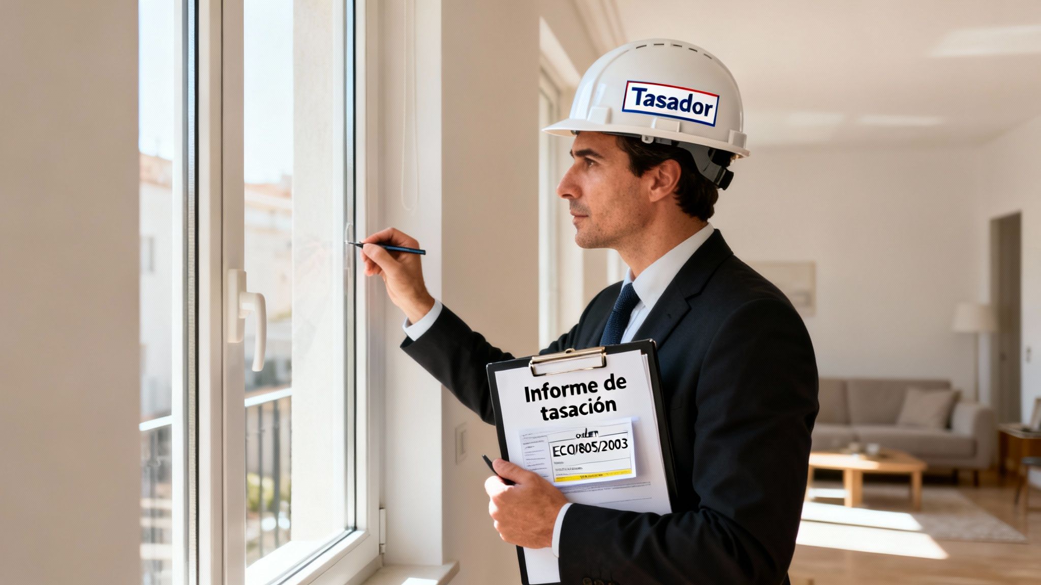 Tasador profesional inspeccionando una ventana con bolígrafo y portapapeles, realizando un informe de tasación inmobiliaria.