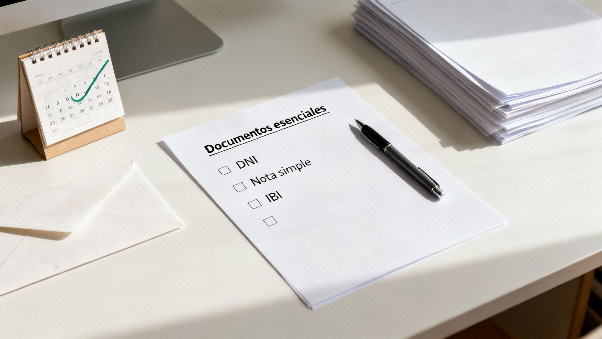 Mesa de oficina con lista de documentos esenciales (DNI, Nota simple, IBI), calendario, sobre y bolígrafo.