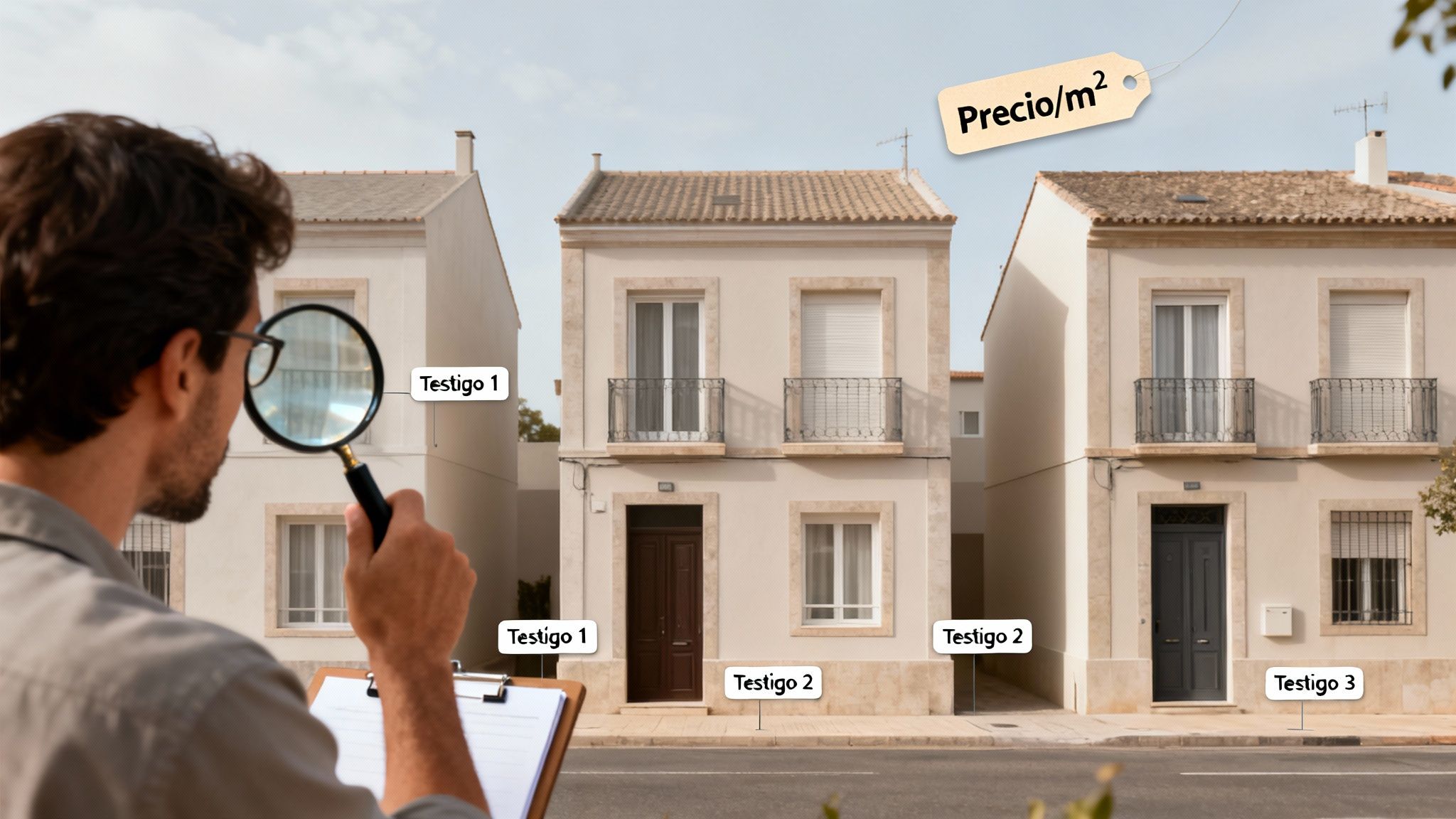 Hombre valora propiedades con lupa y portapapeles, observando casas etiquetadas como Testigo 1, Testigo 2 y Testigo 3.