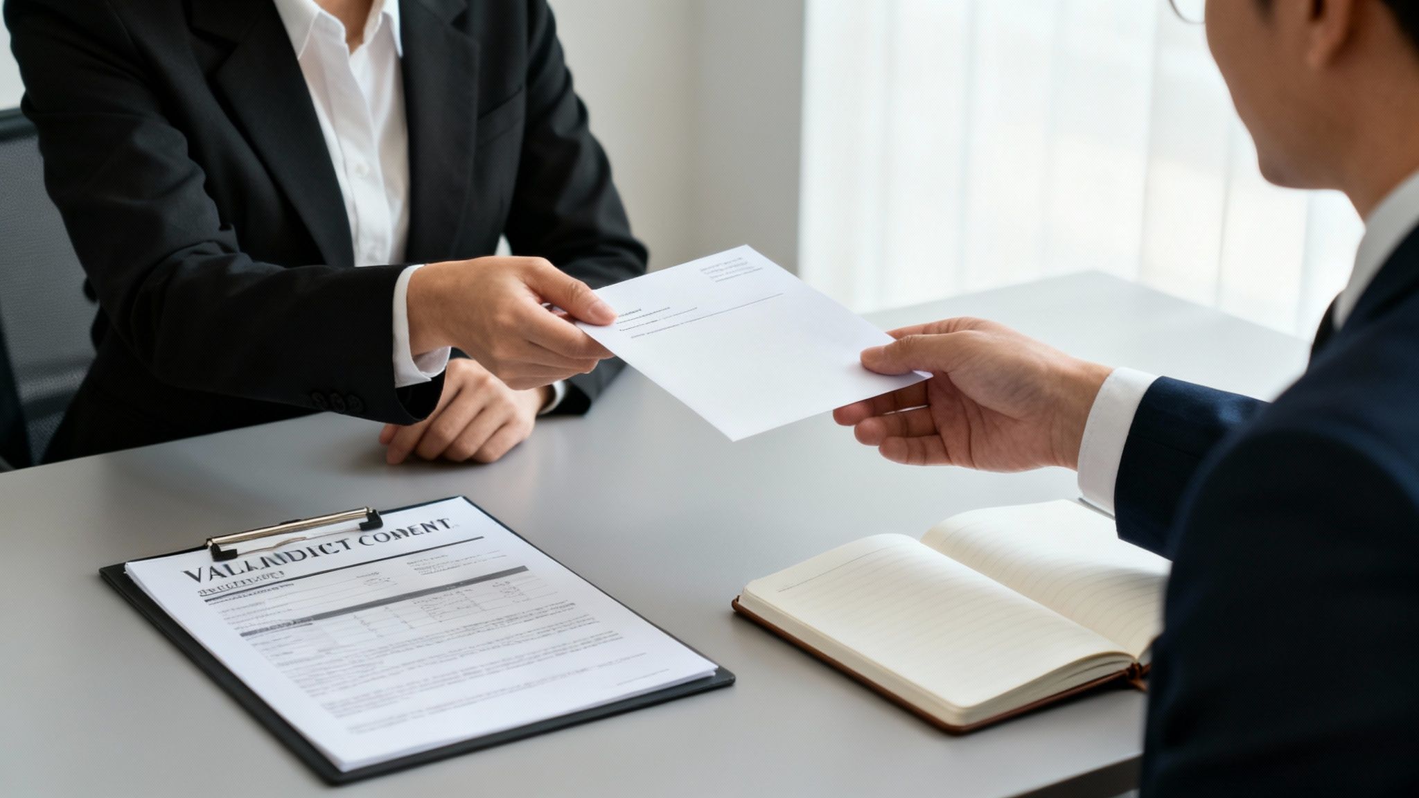 Una persona entrega un documento a otra en una reunión profesional o entrevista de trabajo.