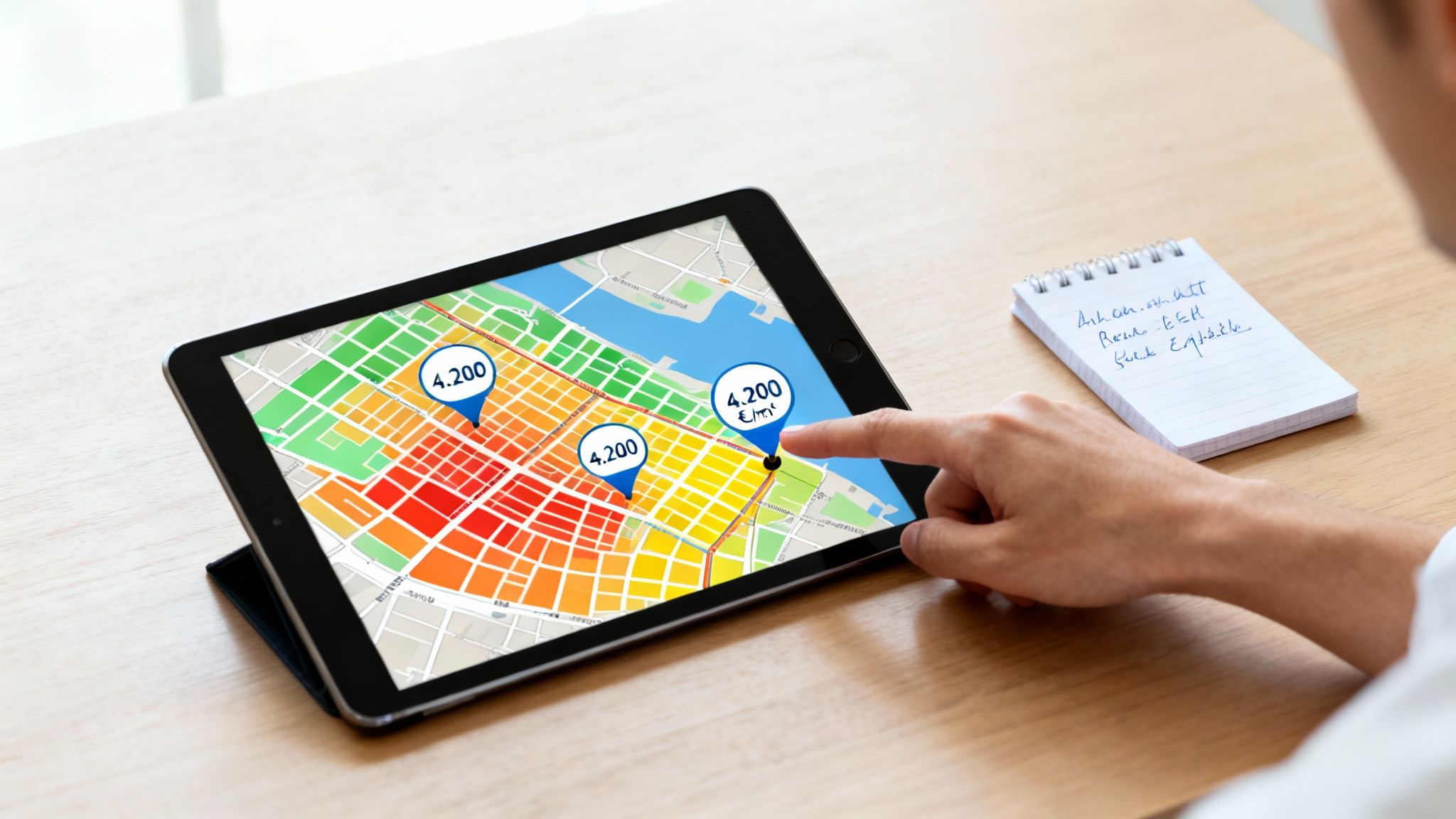 Una persona investiga precios de propiedades en un mapa interactivo de una tableta, con notas al lado.