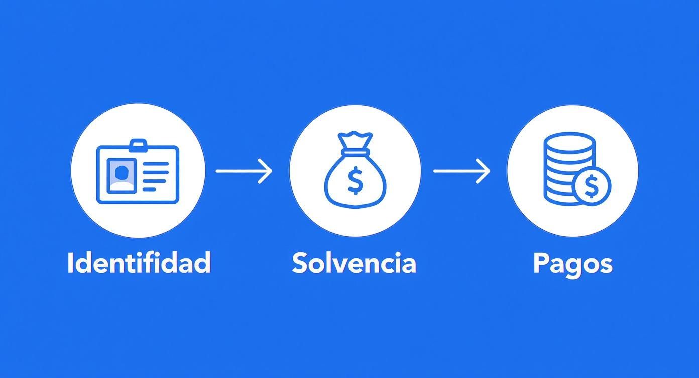 Infográfico sobre los requisitos para alquilar un piso, mostrando los pasos de Identidad, Solvencia y Pagos.
