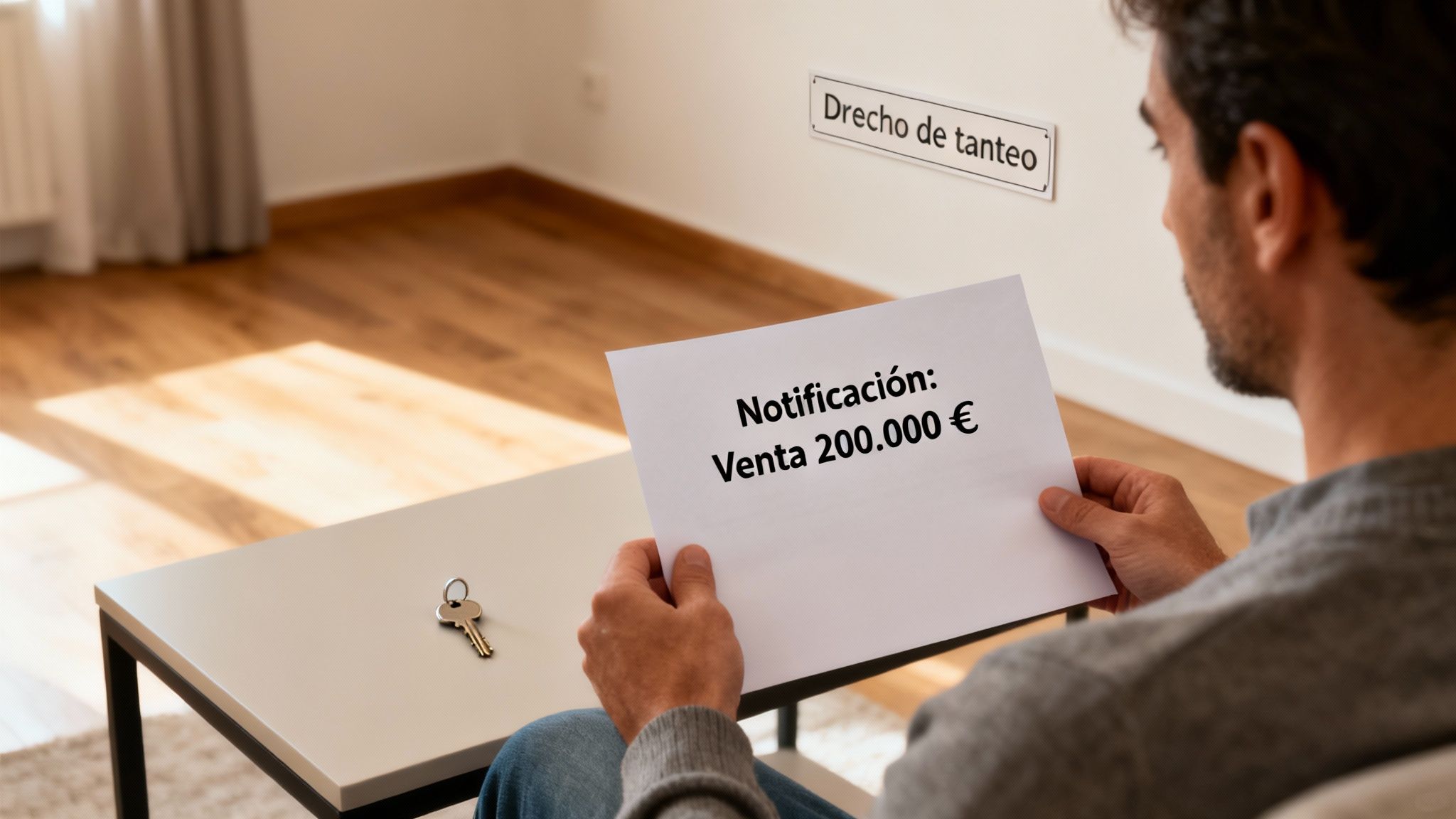 Un hombre lee una notificación de venta de 200.000 € con una llave y un cartel de "Derecho de tanteo" en el fondo.