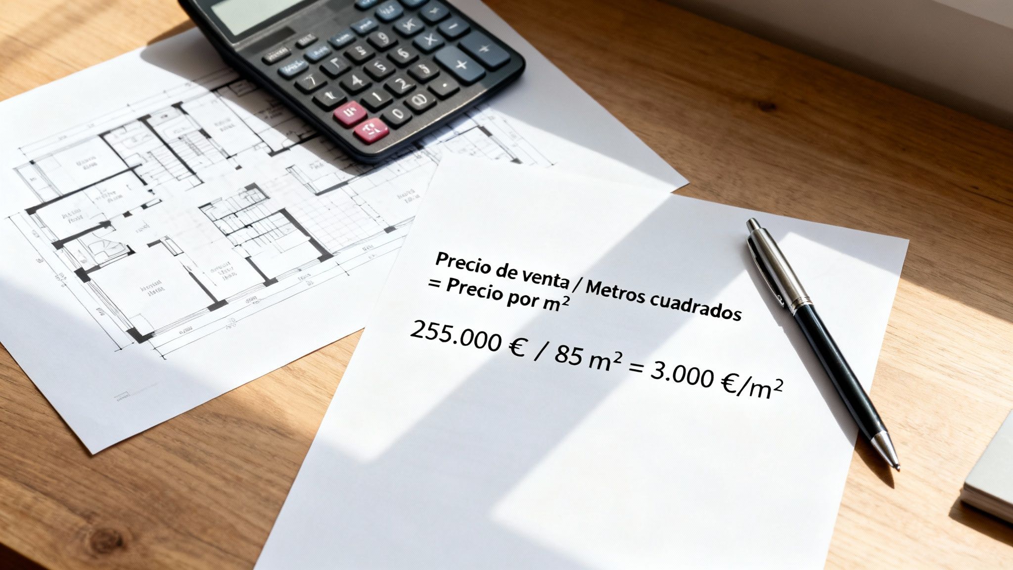 Cálculo del precio por metro cuadrado de una vivienda, con plano, calculadora y bolígrafo sobre mesa de madera.