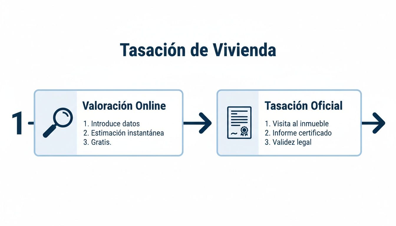 Infografía que detalla el proceso de tasación de vivienda: valoración online gratuita y tasación oficial certificada.