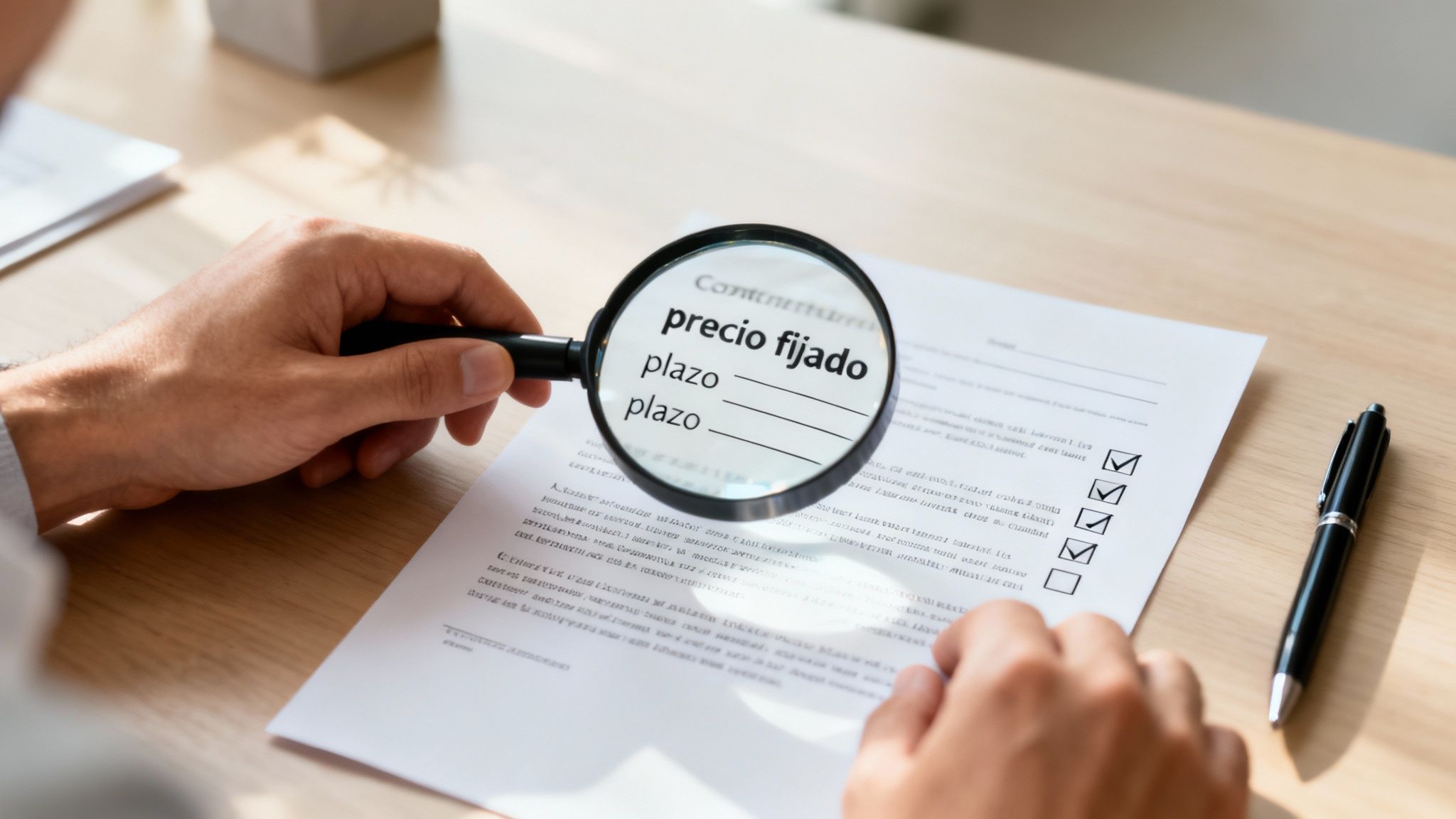 Persona revisando un contrato con lupa, enfocándose en 'precio fijado' y 'plazo'.