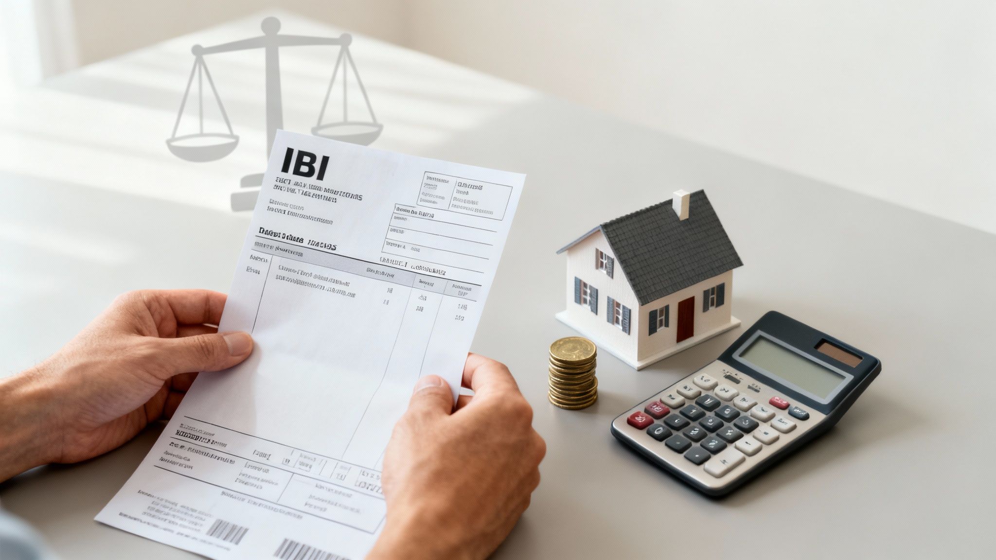 Persona revisando documento de IBI con calculadora, modelo de casa y monedas para calcular valor catastral