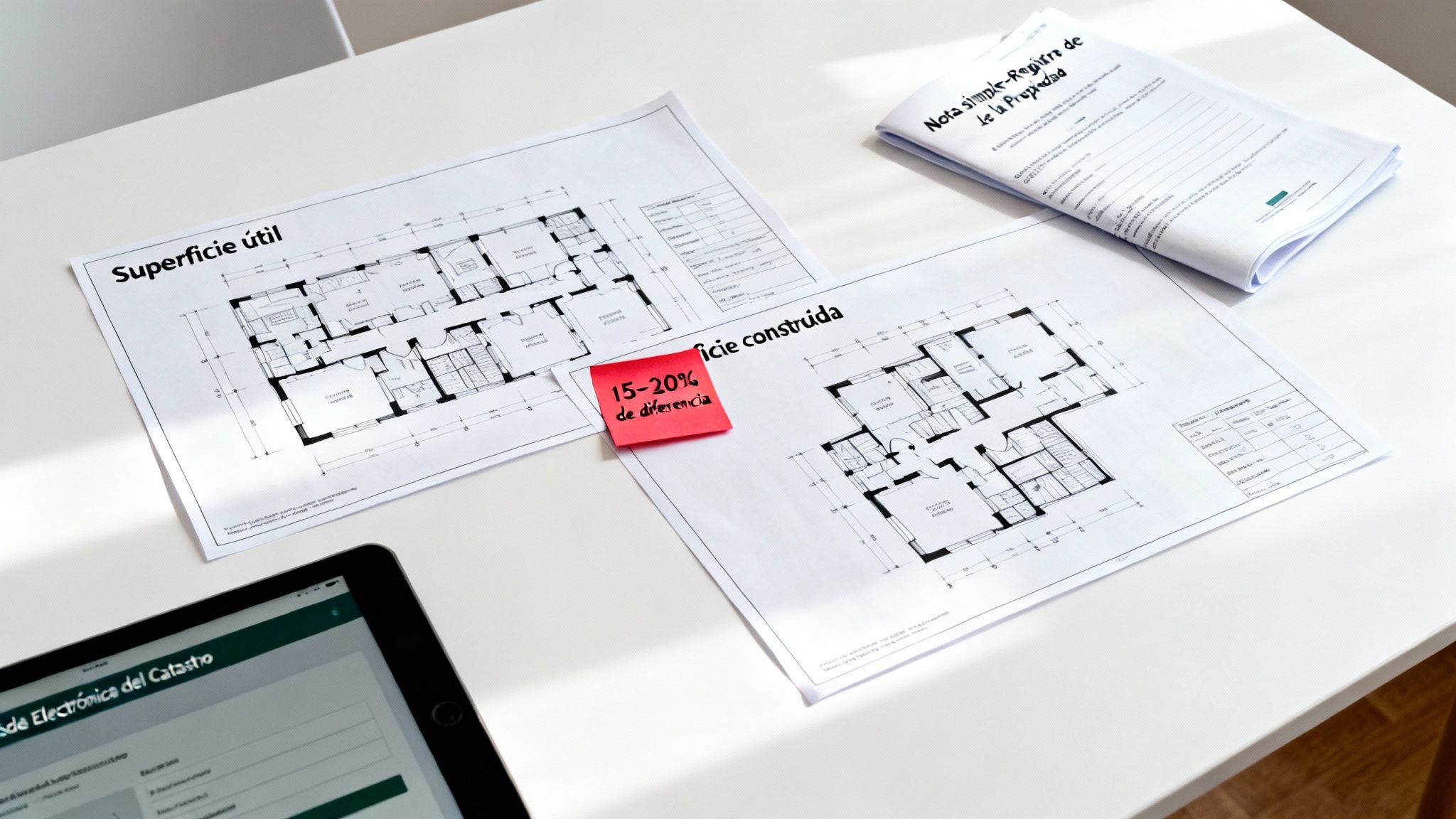 Documentos de planificación de vivienda: planos, nota simple y tablet con información catastral. Destaca la diferencia entre superficie útil y construida.