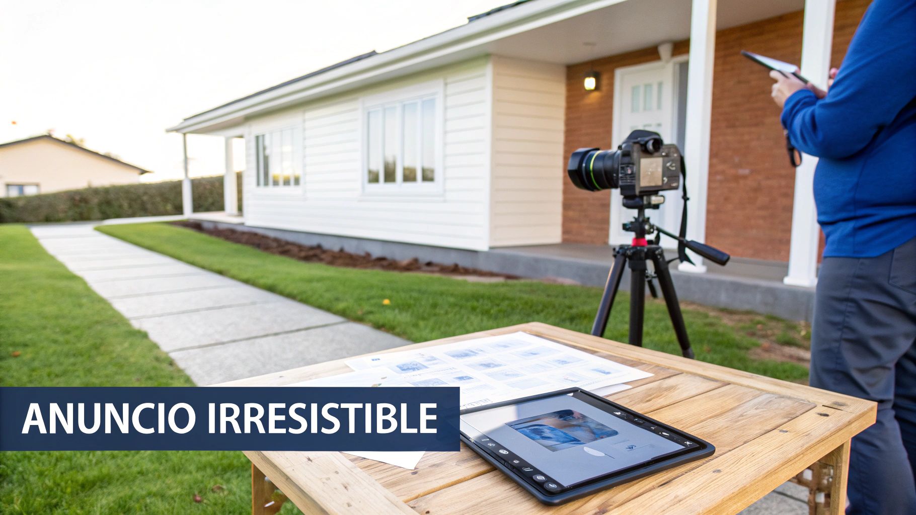 Fotógrafo profesional preparando sesión de fotos inmobiliaria con cámara y tablet para anuncio de casa