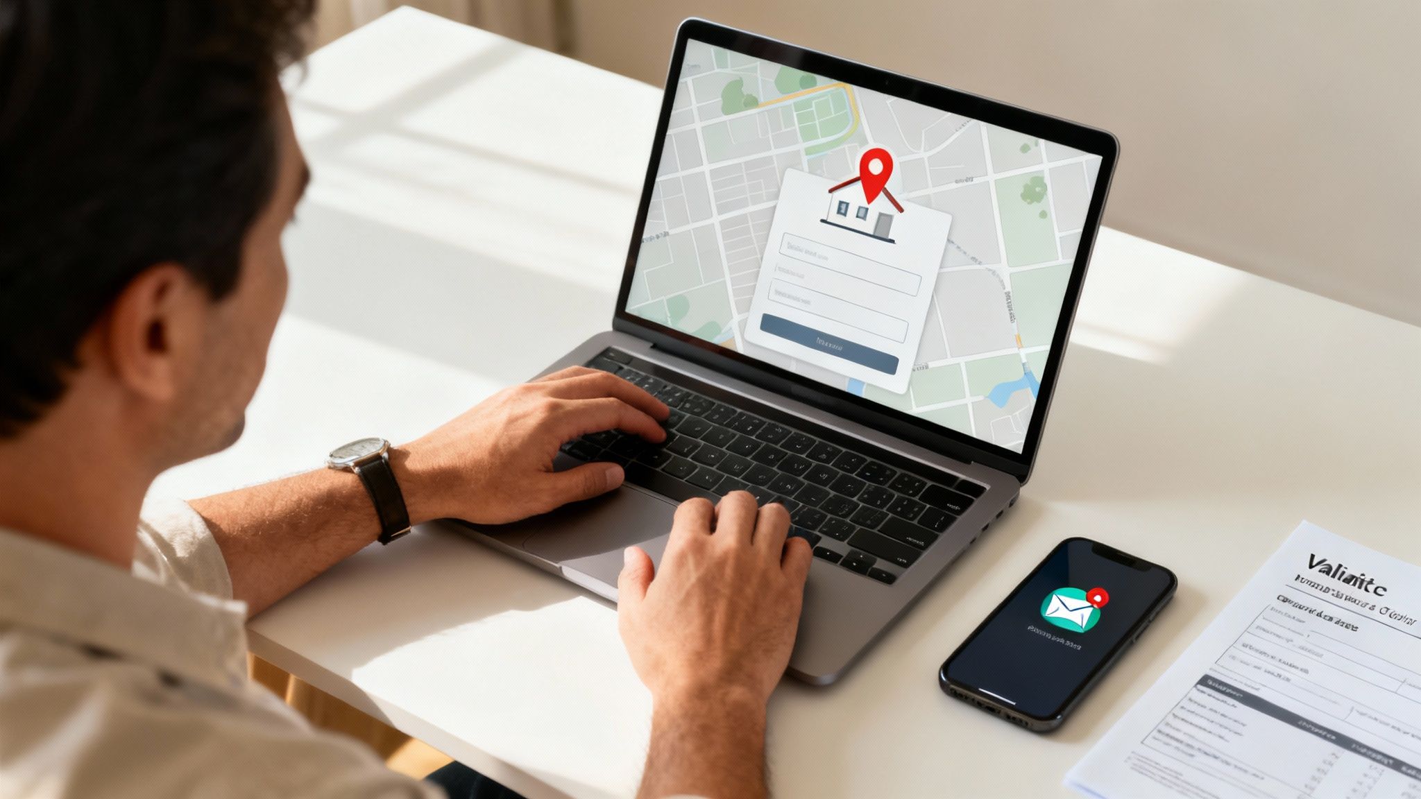 Un hombre evalúa propiedades en su laptop, con un mapa interactivo y formulario de valoración.
