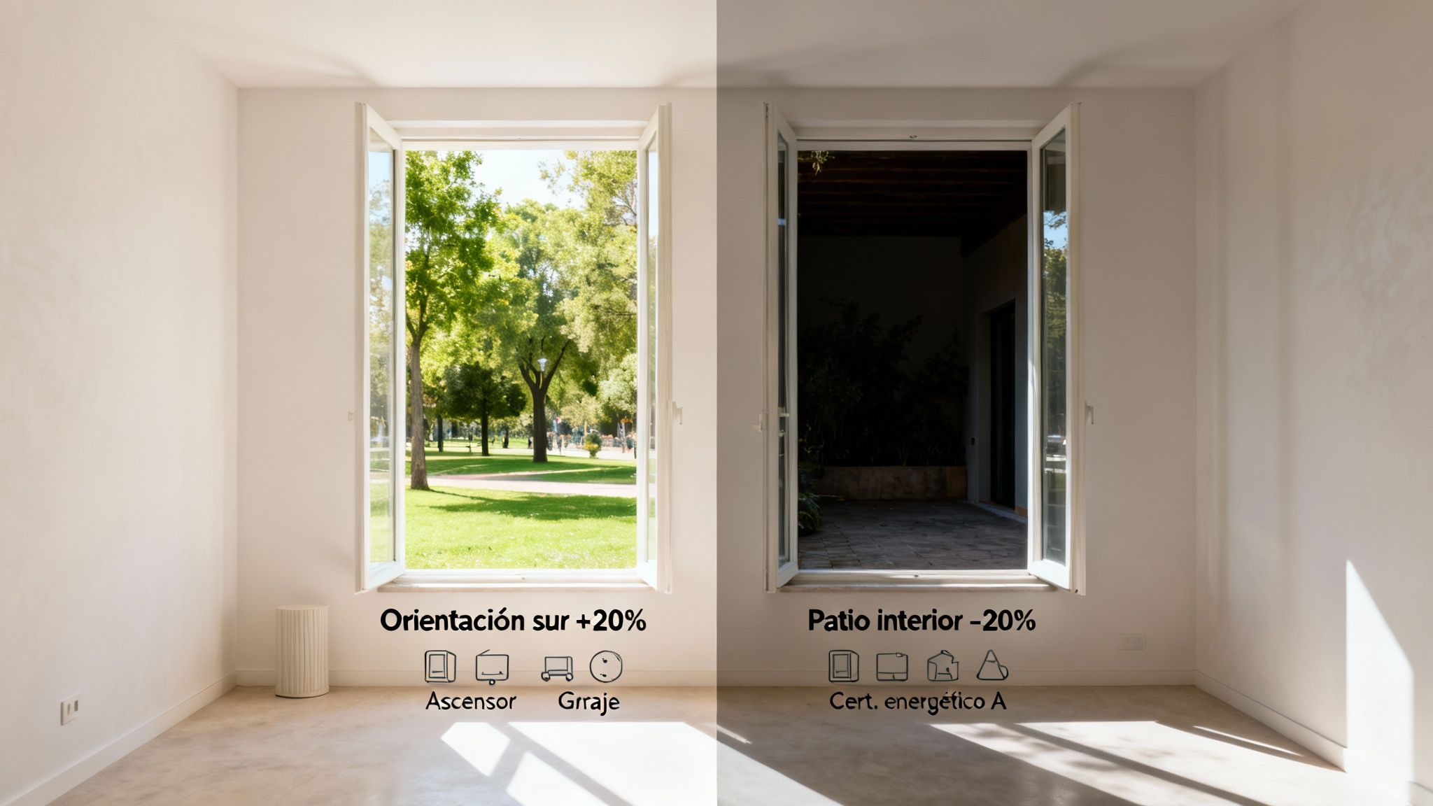 Dos vistas desde un interior: un parque soleado con orientación sur y un patio interior oscuro con detalles energéticos.