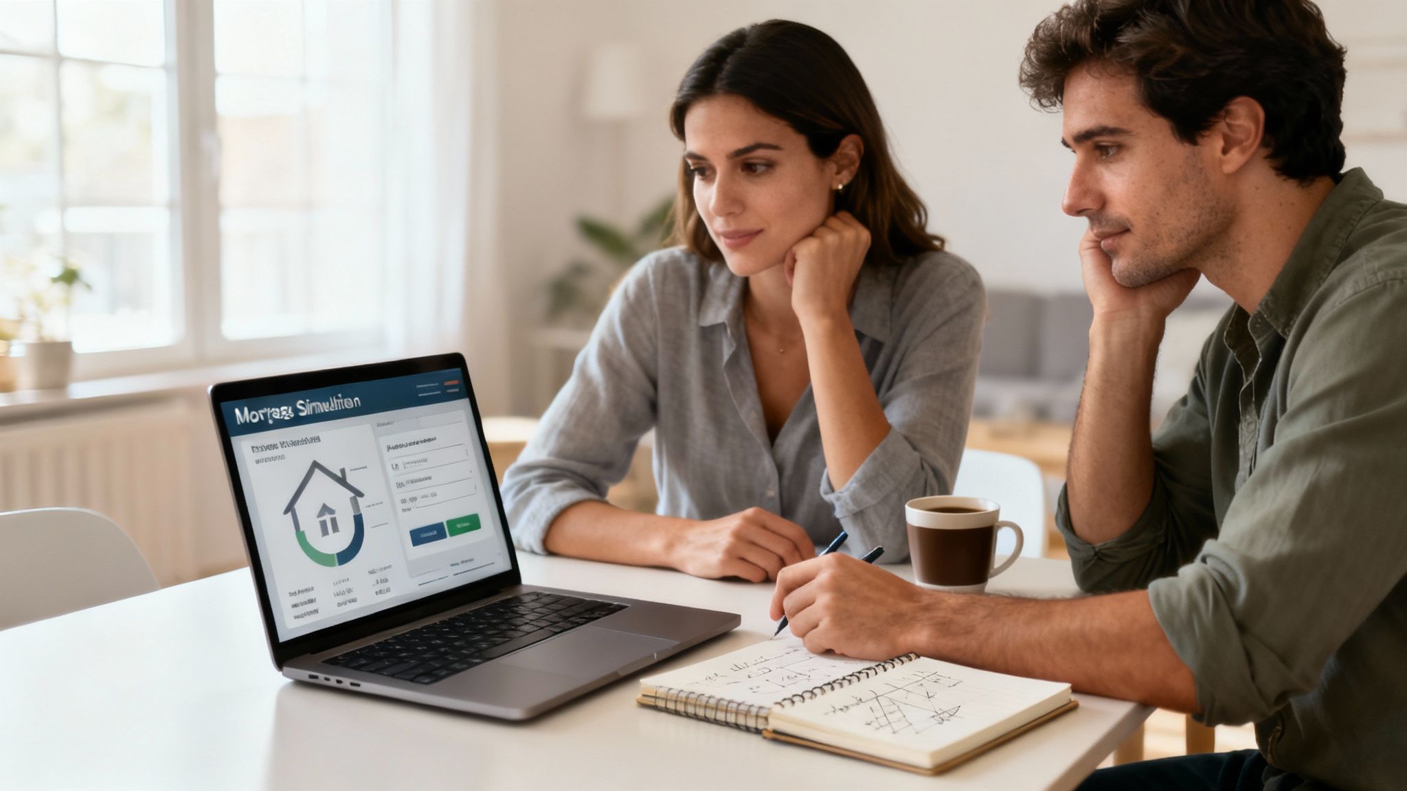Una pareja joven revisa una simulación de hipoteca en un portátil y toma notas.